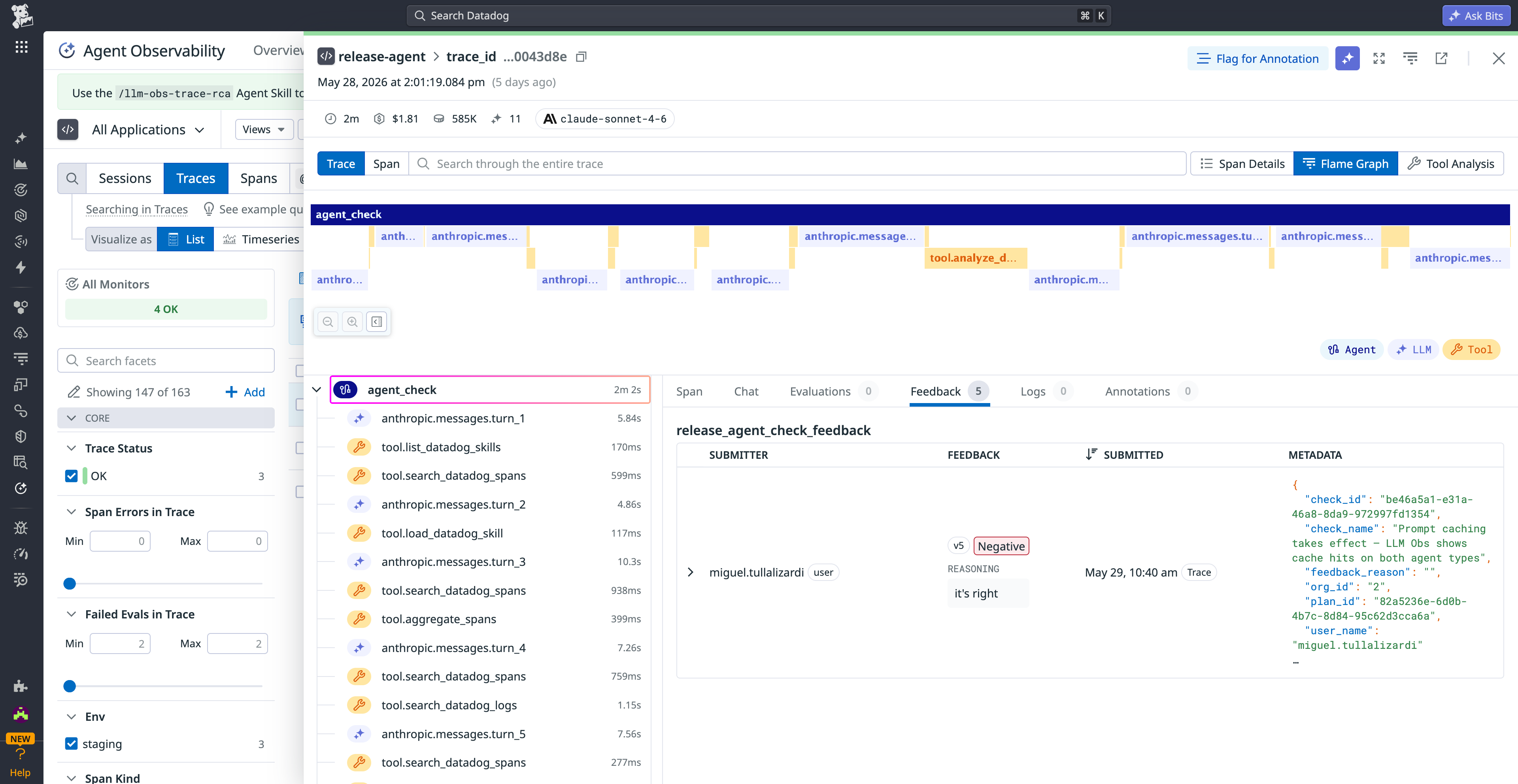 Agent Observability trace view showing user metadata attached to an agent interaction