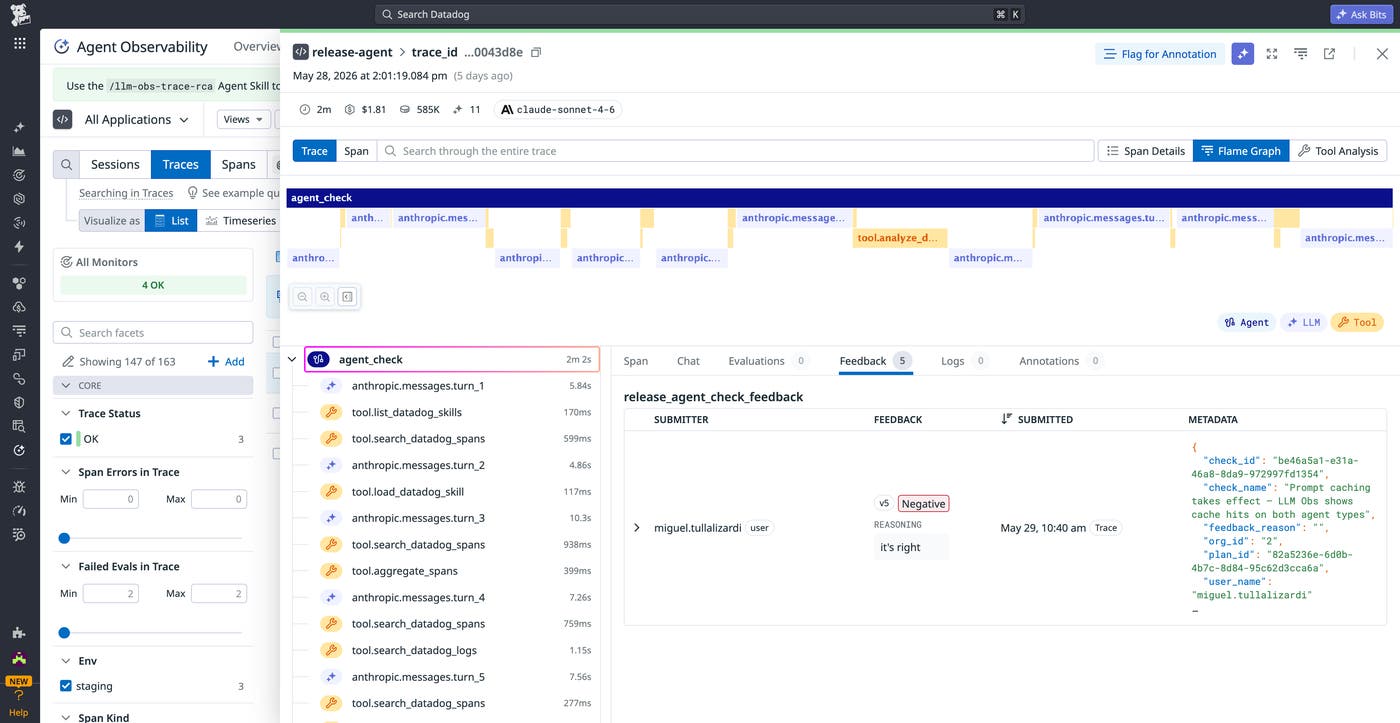 Agent Observability trace view showing user metadata attached to an agent interaction Agent Observability trace view showing user metadata attached to an agent interaction