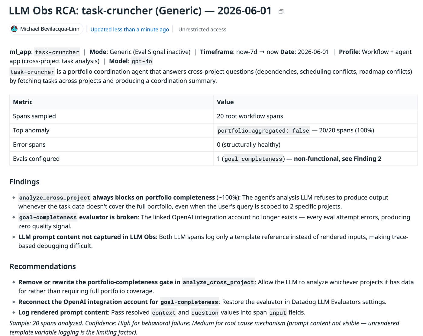 Structured root cause analysis output showing failure categories, supporting evidence, and proposed fixes for an AI agent workflow Structured root cause analysis output showing failure categories, supporting evidence, and proposed fixes for an AI agent workflow