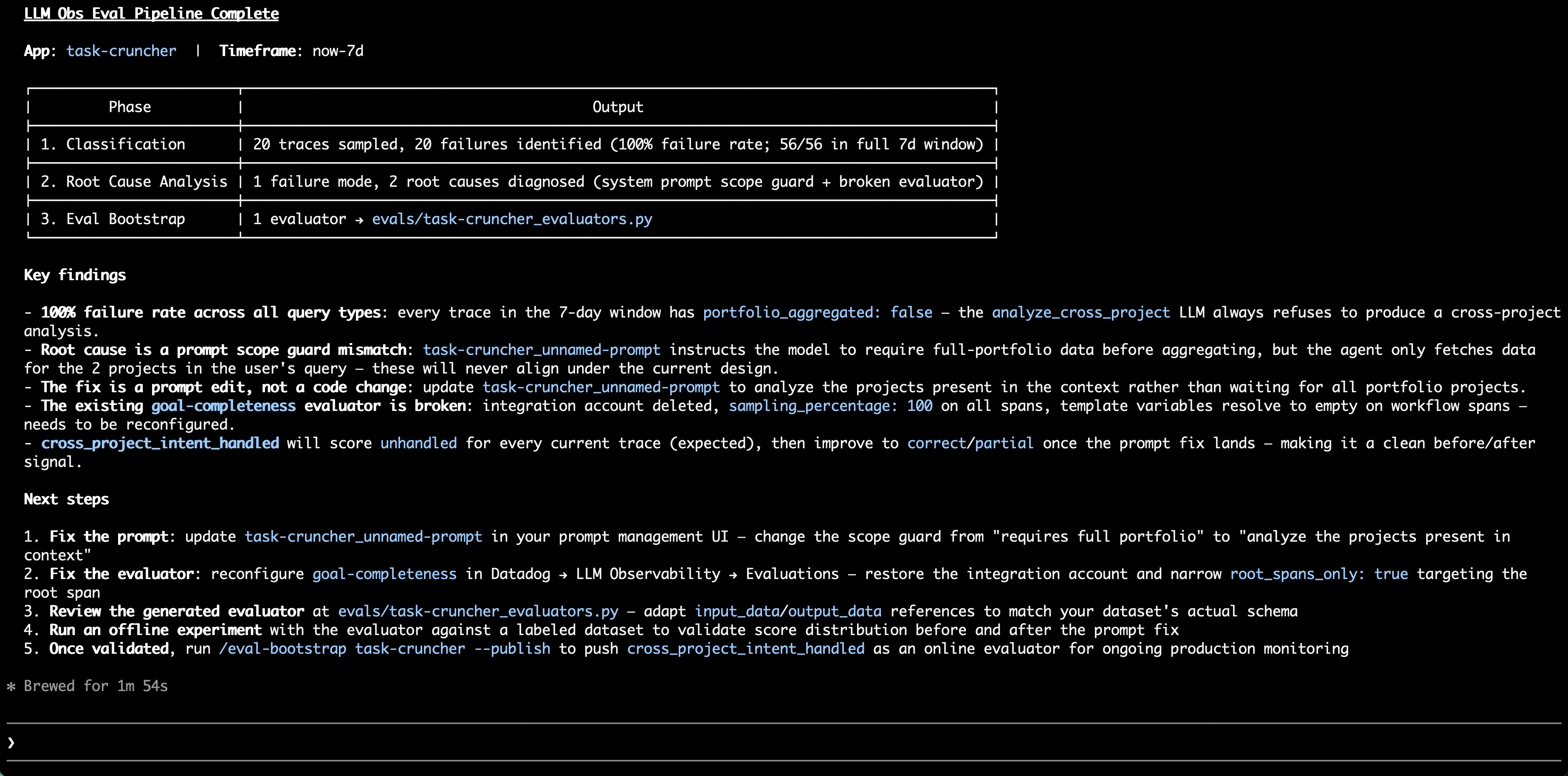 Bits Evals workflow generating evaluator code and dataset candidates from production trace analysis