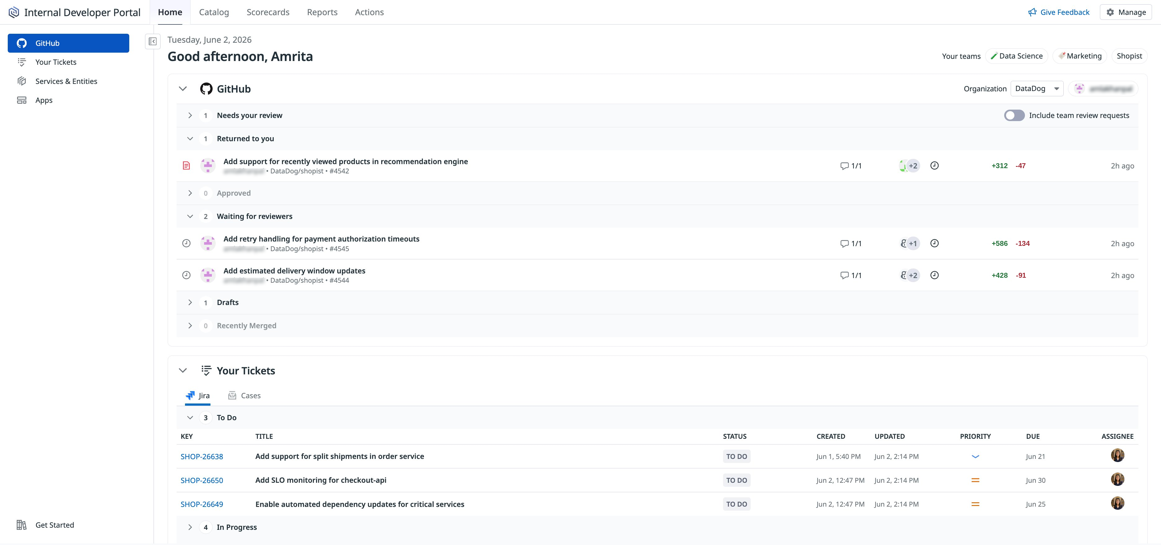 Internal Developer Portal Homepage showing a personalized view of GitHub pull requests awaiting review and Jira tickets, giving a developer a unified summary of their pending work.