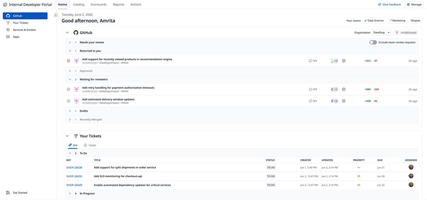 Internal Developer Portal Homepage showing a personalized view of GitHub pull requests awaiting review and Jira tickets, giving a developer a unified summary of their pending work. Internal Developer Portal Homepage showing a personalized view of GitHub pull requests awaiting review and Jira tickets, giving a developer a unified summary of their pending work.