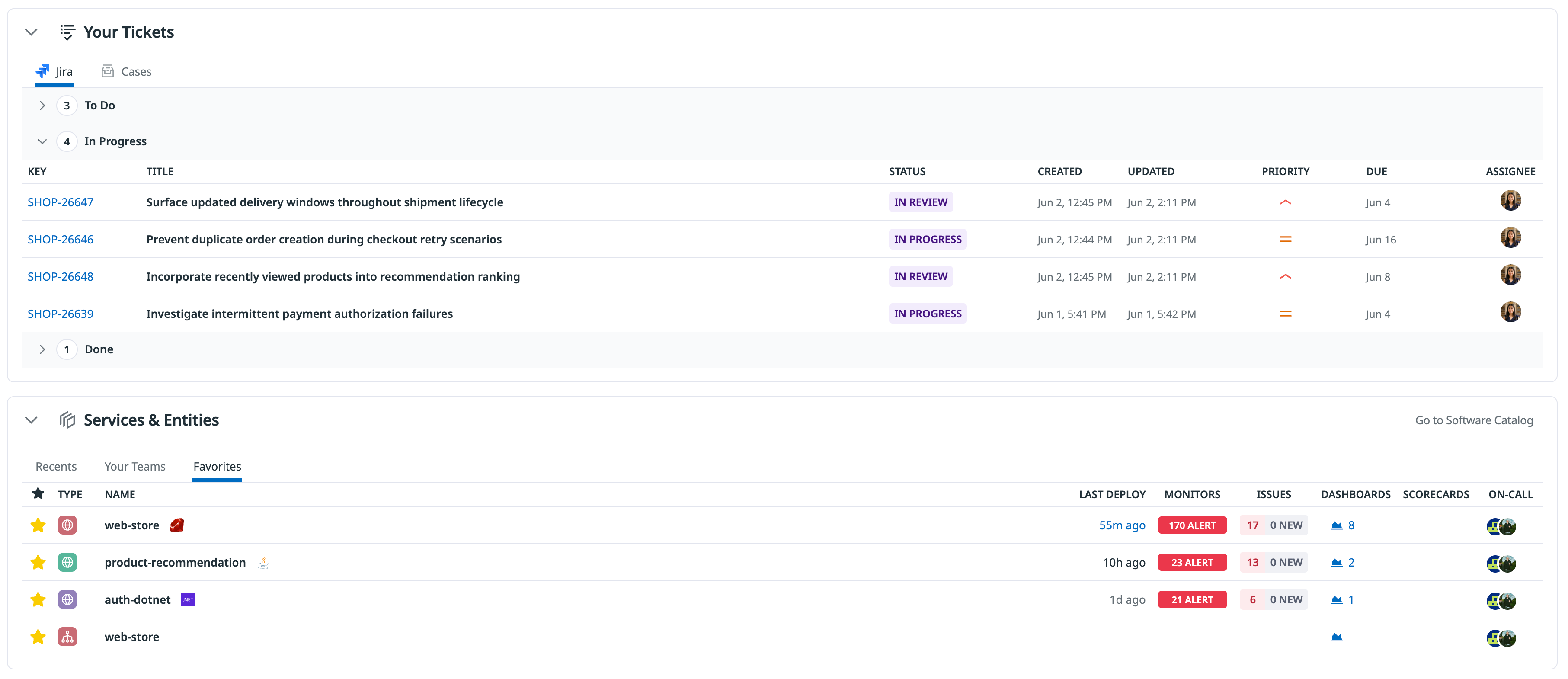 Internal Developer Portal Homepage showing in-progress Jira tickets and favorited services with live monitor alert counts, scorecard levels, and deployment status.