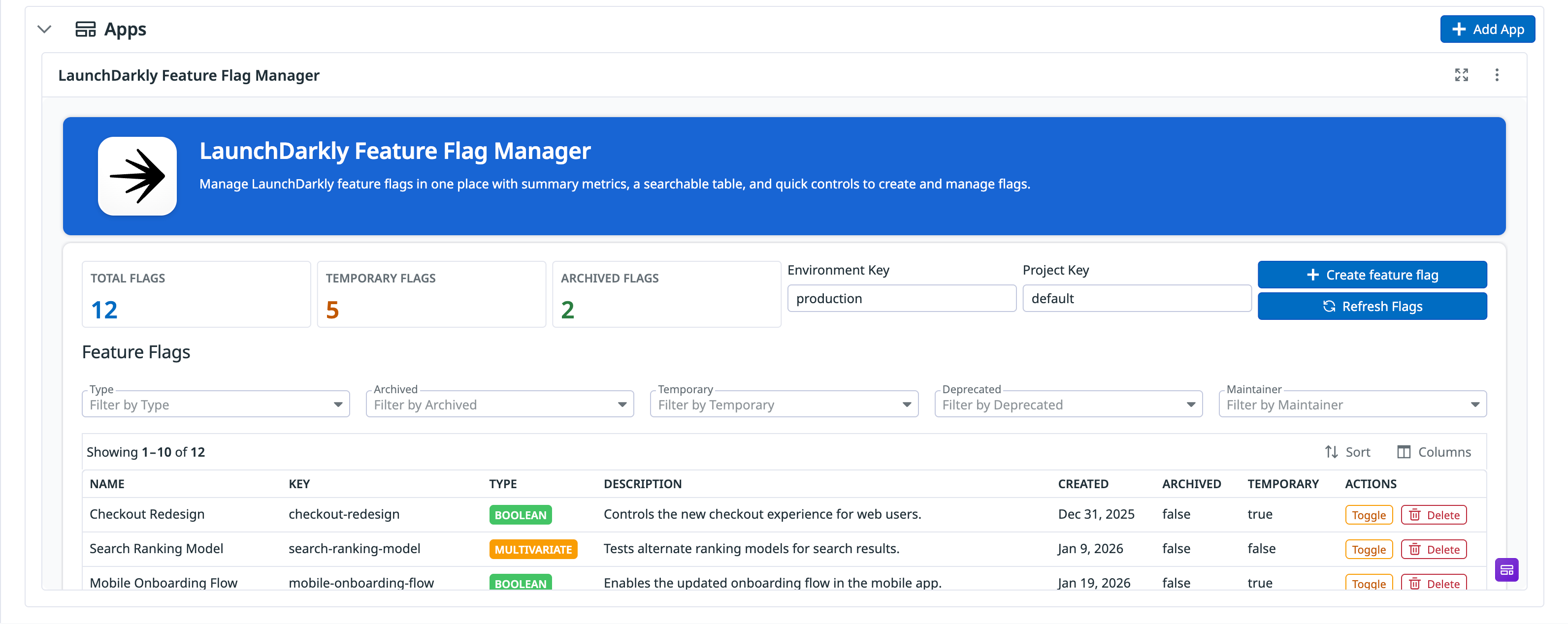 IDP Homepage with an embedded LaunchDarkly Feature Flag Manager app that lets users view, toggle, and delete feature flags without leaving the platform.