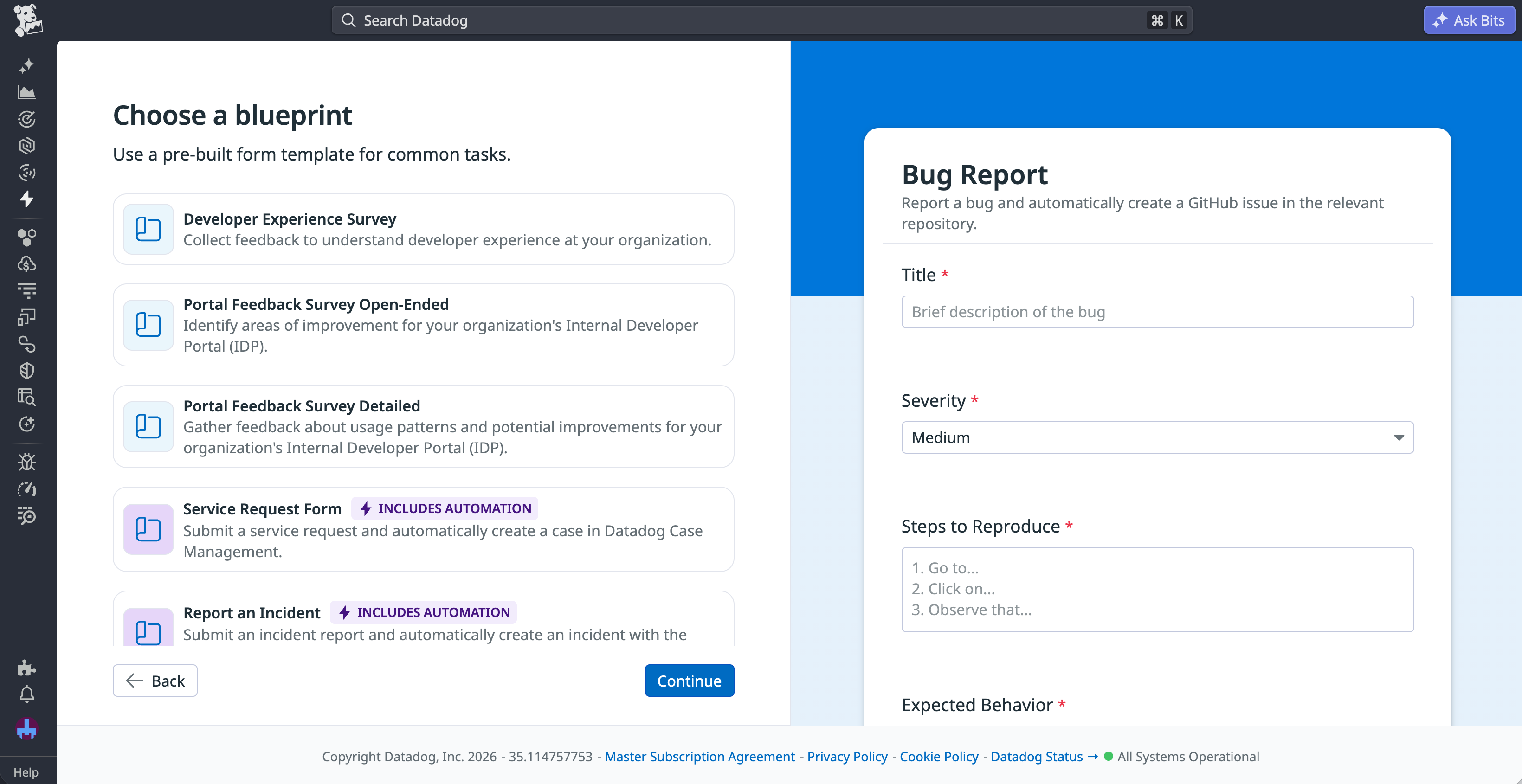 The Datadog Forms creation screen, showing a list of prebuilt blueprints for use cases like bug reports and service requests.
