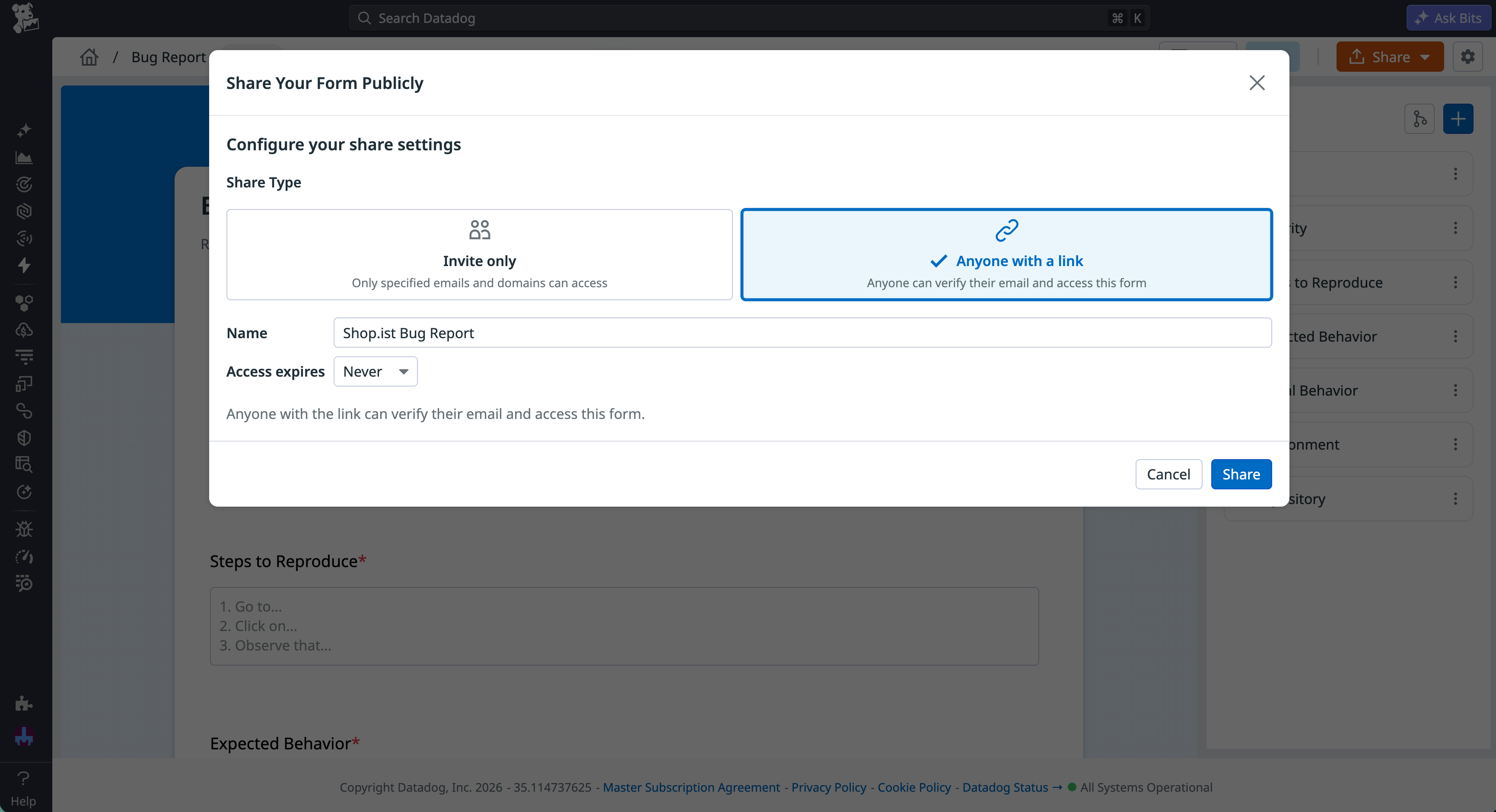 Datadog Forms access settings configured to share a bug report form publicly with external users.