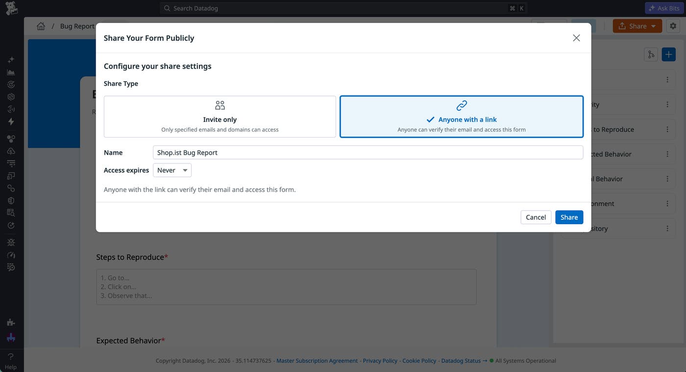 Datadog Forms access settings configured to share a bug report form publicly with external users. Datadog Forms access settings configured to share a bug report form publicly with external users.