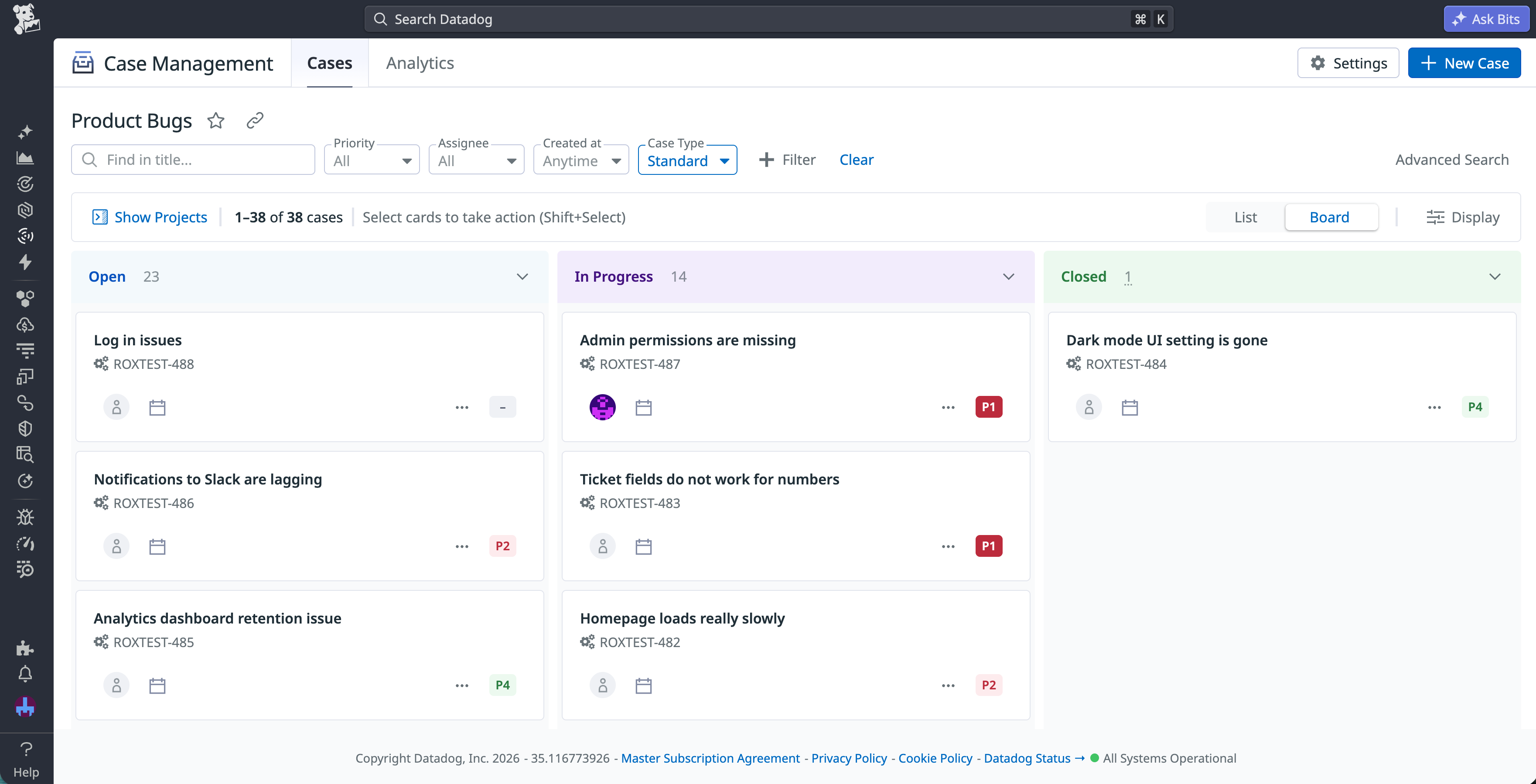 A list of bug reports in Datadog Case Management. For each report, the status, priority, and assigned responder are displayed.
