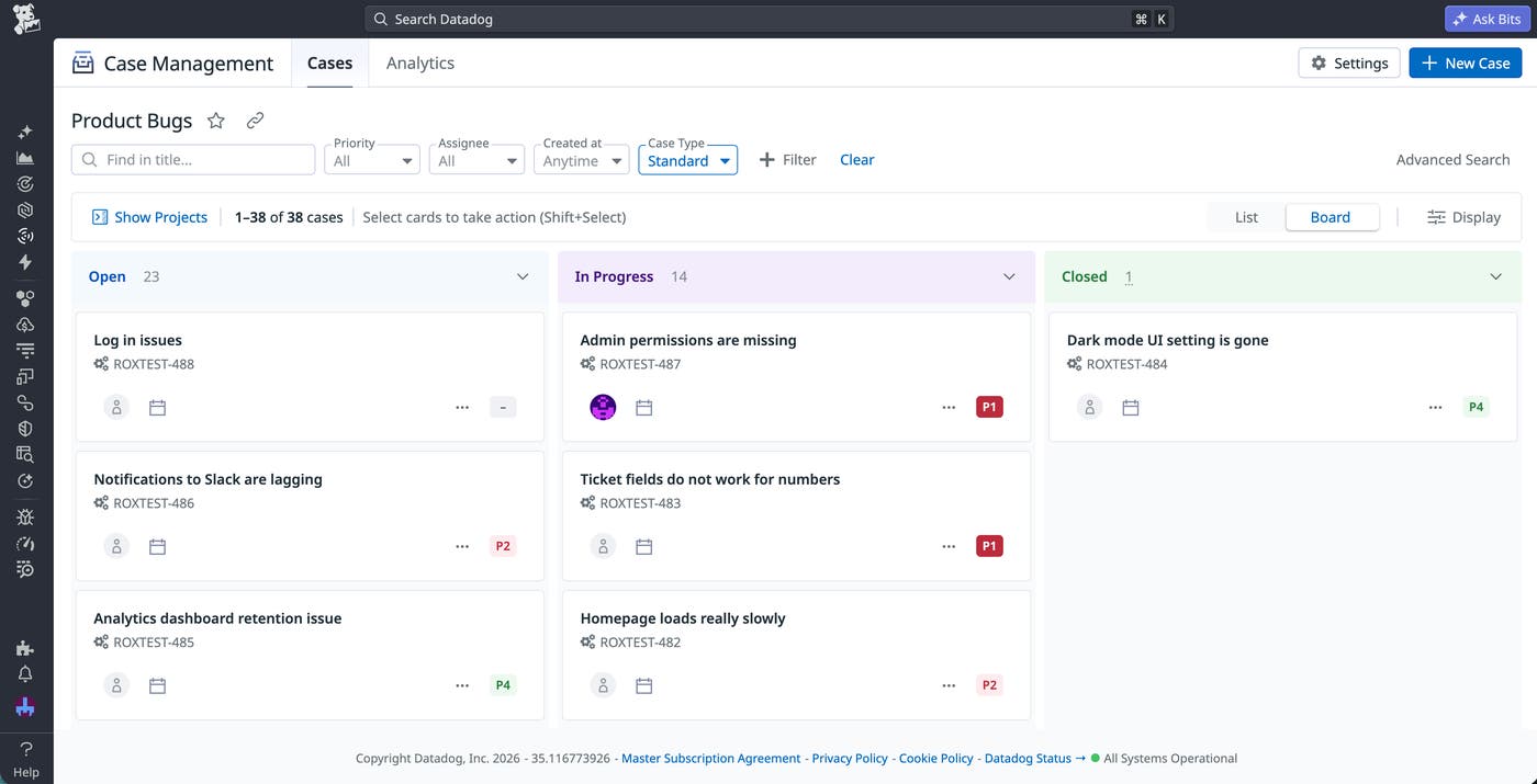 A list of bug reports in Datadog Case Management. For each report, the status, priority, and assigned responder are displayed. A list of bug reports in Datadog Case Management. For each report, the status, priority, and assigned responder are displayed.