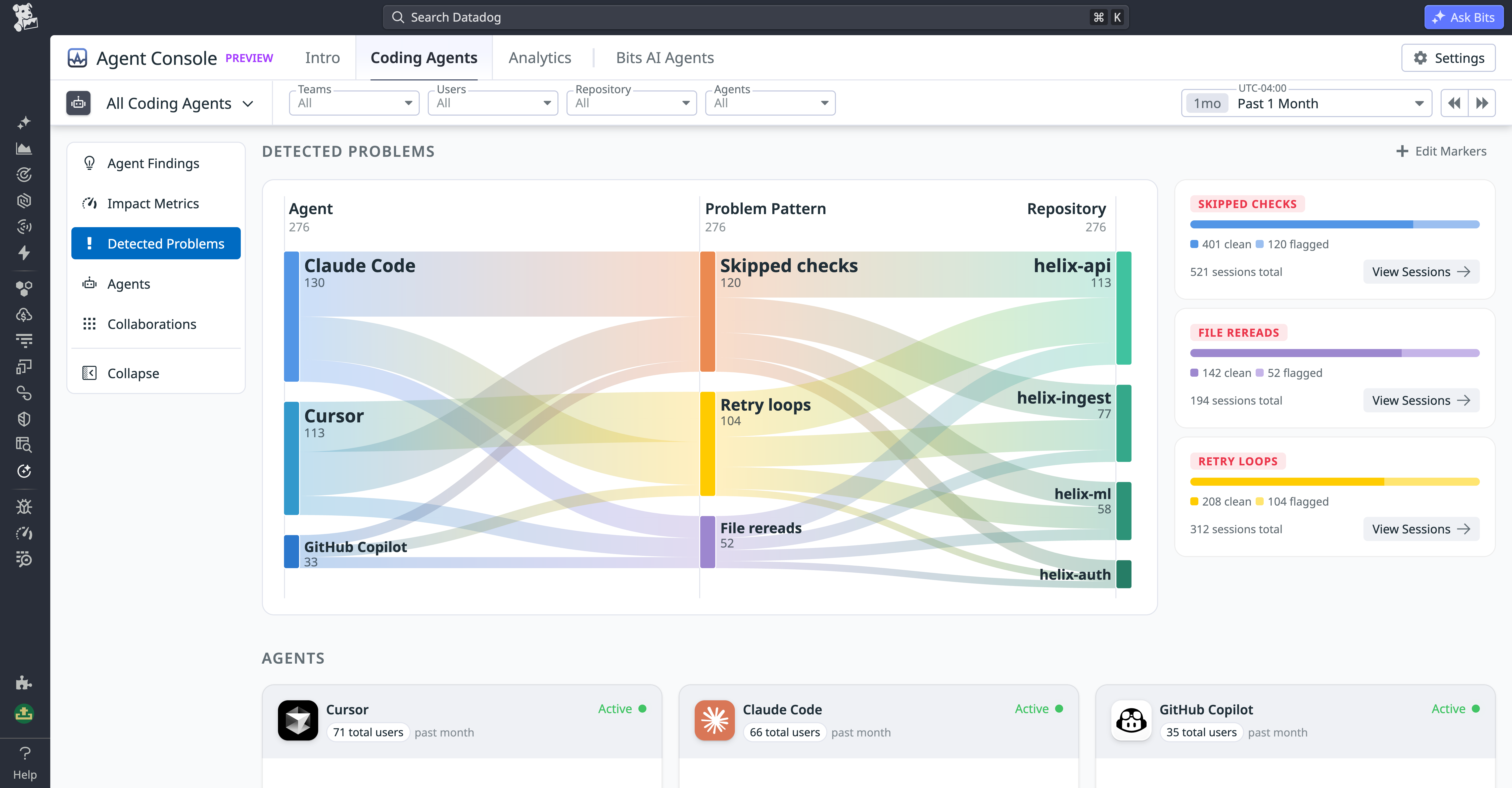 Agent Console Sankey diagram connecting coding agents, detected problem patterns, and affected repositories.