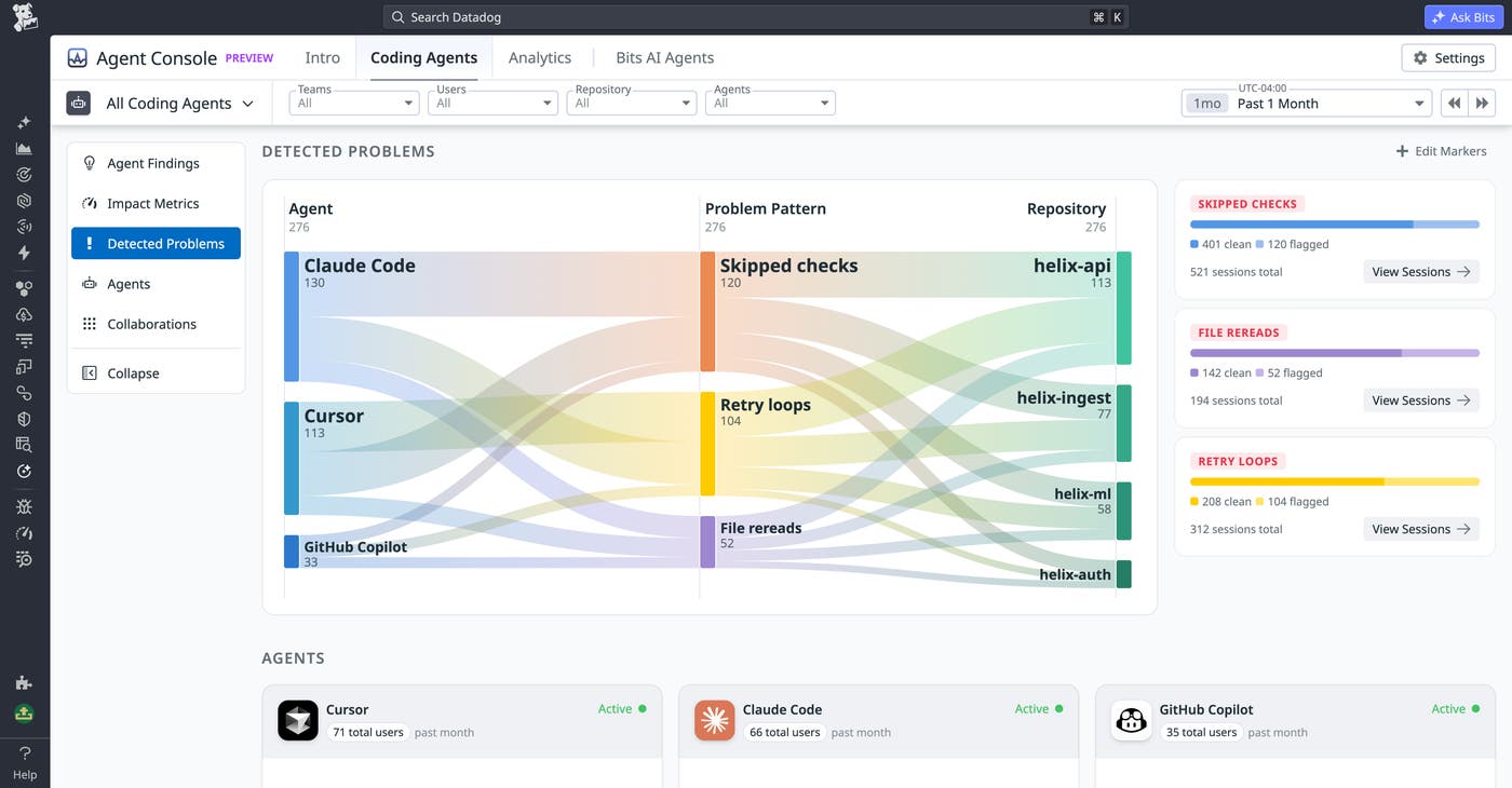 Agent Console Sankey diagram connecting coding agents, detected problem patterns, and affected repositories. Agent Console Sankey diagram connecting coding agents, detected problem patterns, and affected repositories.