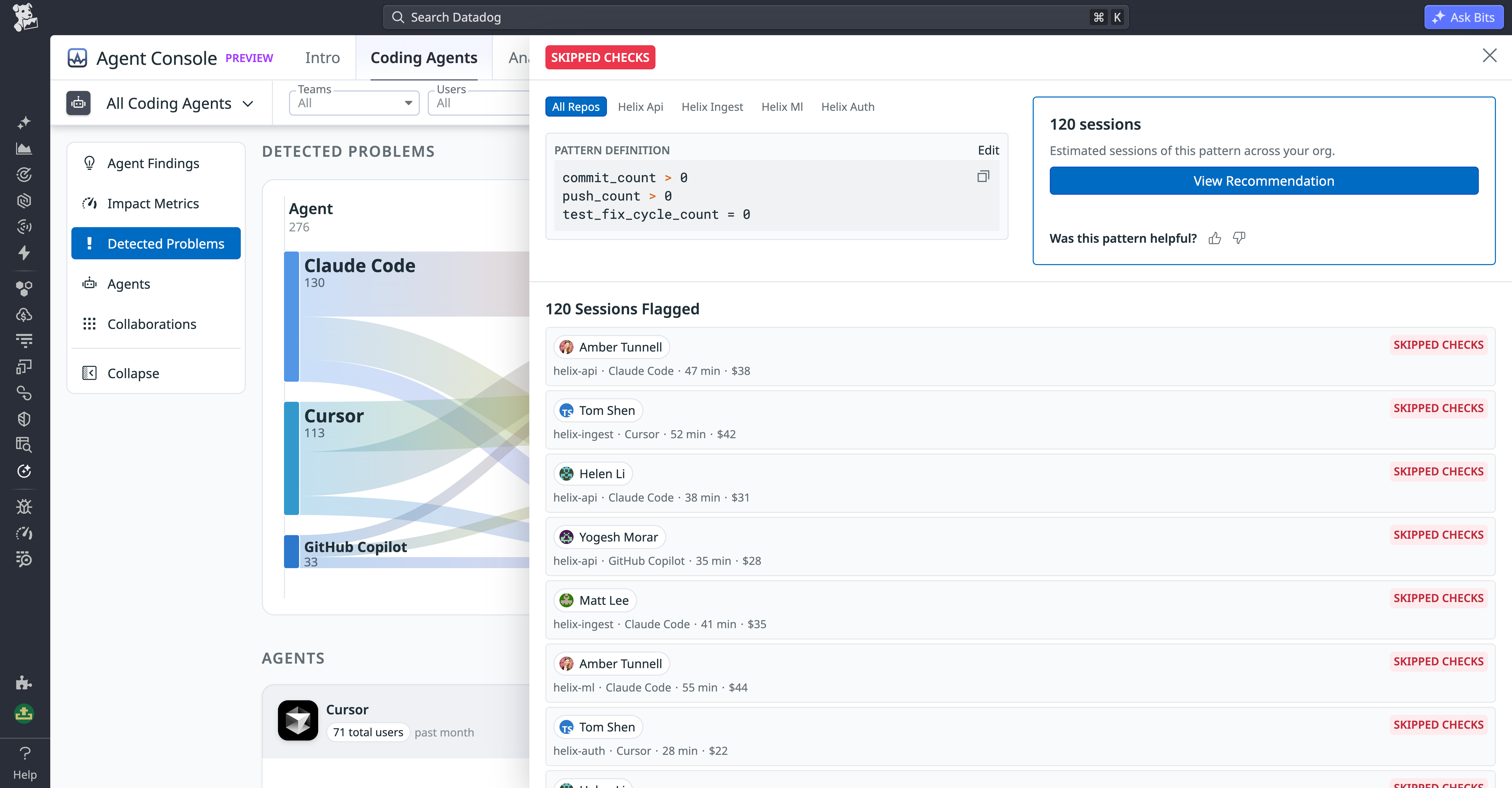 Detected problem detail view showing the skipped-checks definition, monthly cost estimate, flagged sessions, users, and repositories.