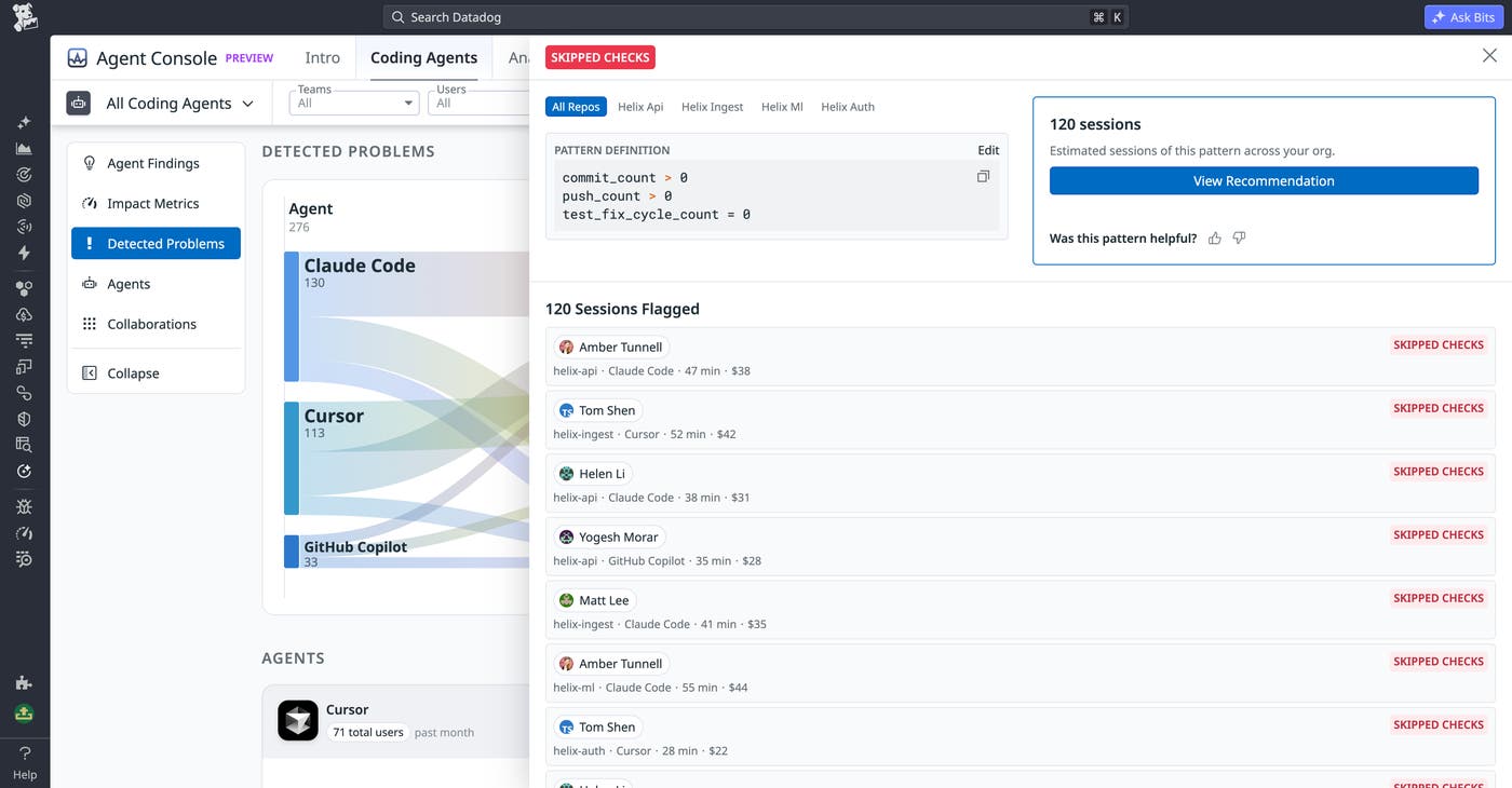 Detected problem detail view showing the skipped-checks definition, monthly cost estimate, flagged sessions, users, and repositories. Detected problem detail view showing the skipped-checks definition, monthly cost estimate, flagged sessions, users, and repositories.