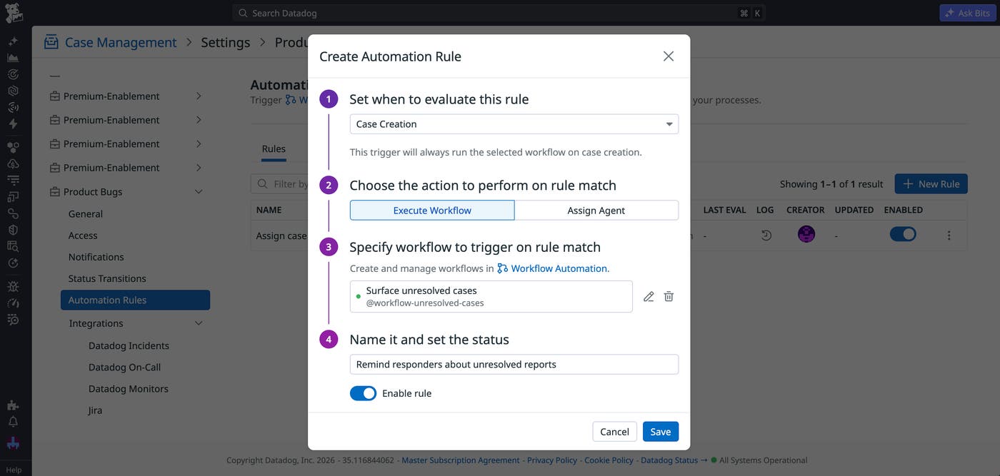 A workflow configured to automatically message responders about unresolved cases. A workflow configured to automatically message responders about unresolved cases.