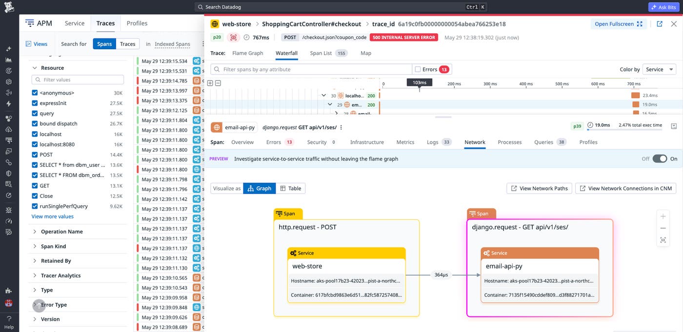 APM trace with a 500 Internal Server Error on a payment service, with a link to investigate the network path in Cloud Network Monitoring. APM trace with a 500 Internal Server Error on a payment service, with a link to investigate the network path in Cloud Network Monitoring.