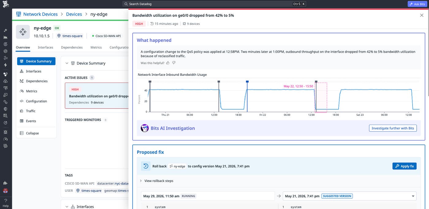 Bits Investigation panel summarizing a bandwidth utilization drop on ny-edge, with a proposed rollback fix and an Apply fix button. Bits Investigation panel summarizing a bandwidth utilization drop on ny-edge, with a proposed rollback fix and an Apply fix button.