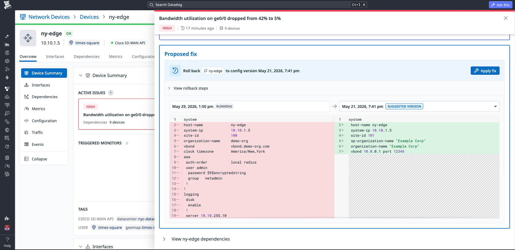 Configuration diff comparing the current ny-edge config to a suggested fix, with a rollback action available directly in Datadog.