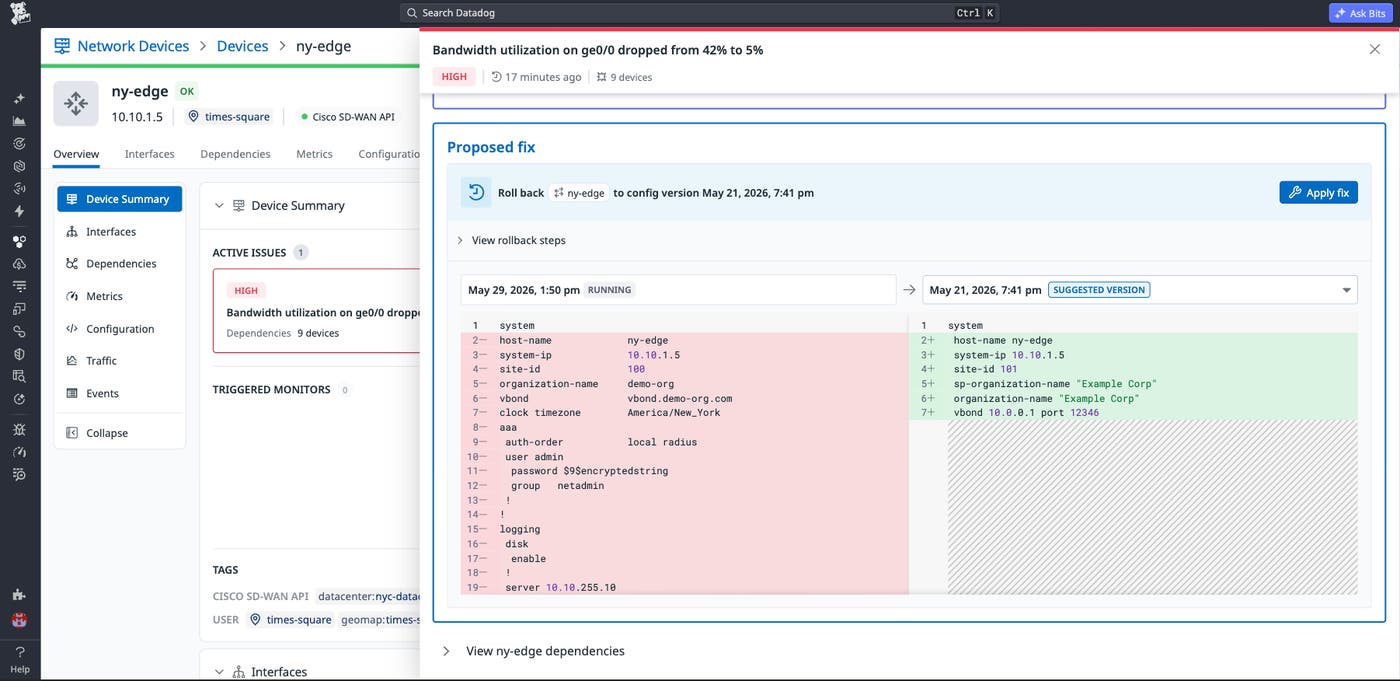 Configuration diff comparing the current ny-edge config to a suggested fix, with a rollback action available directly in Datadog. Configuration diff comparing the current ny-edge config to a suggested fix, with a rollback action available directly in Datadog.