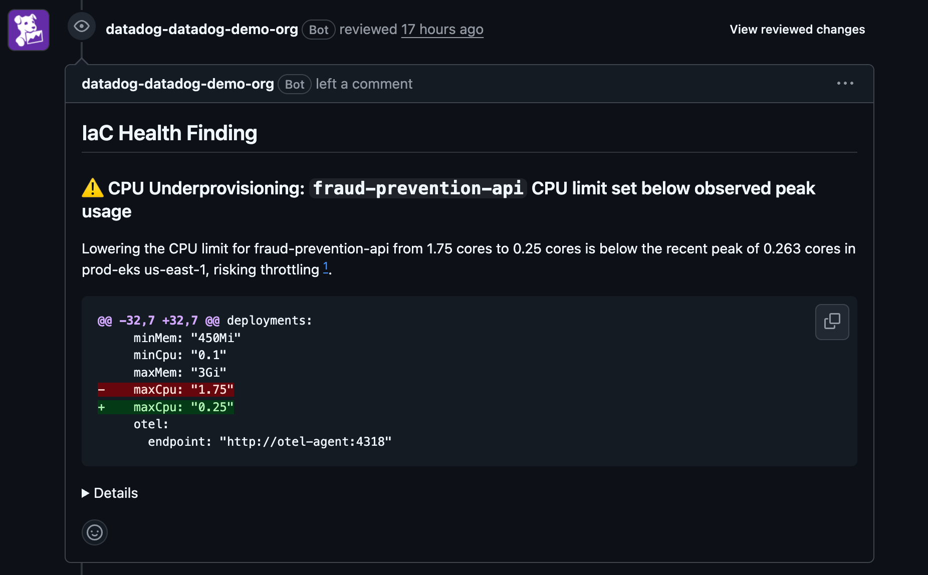 Bits Infrastructure Operations enables Bits to comment on pull requests to spot infrastructure as code issues before they are merged into production.