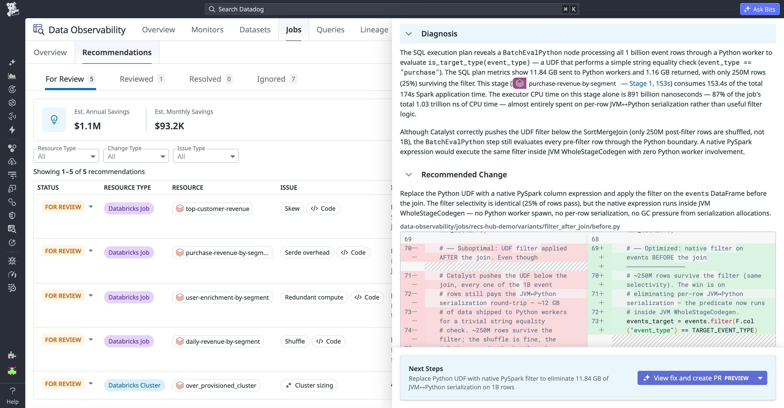 Jobs Monitoring recommendation detail page explaining how preaggregating data before a join can reduce shuffle volume and job duration.