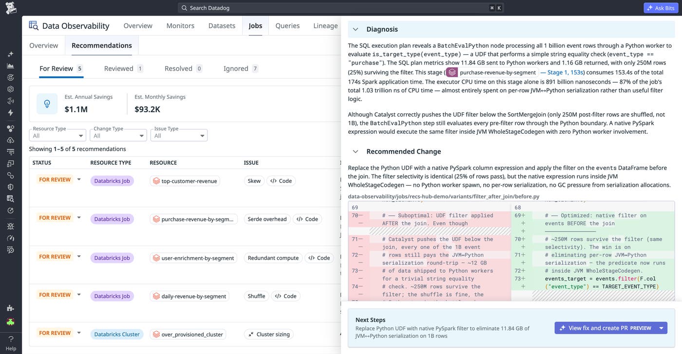 Jobs Monitoring recommendation detail page explaining how preaggregating data before a join can reduce shuffle volume and job duration. Jobs Monitoring recommendation detail page explaining how preaggregating data before a join can reduce shuffle volume and job duration.