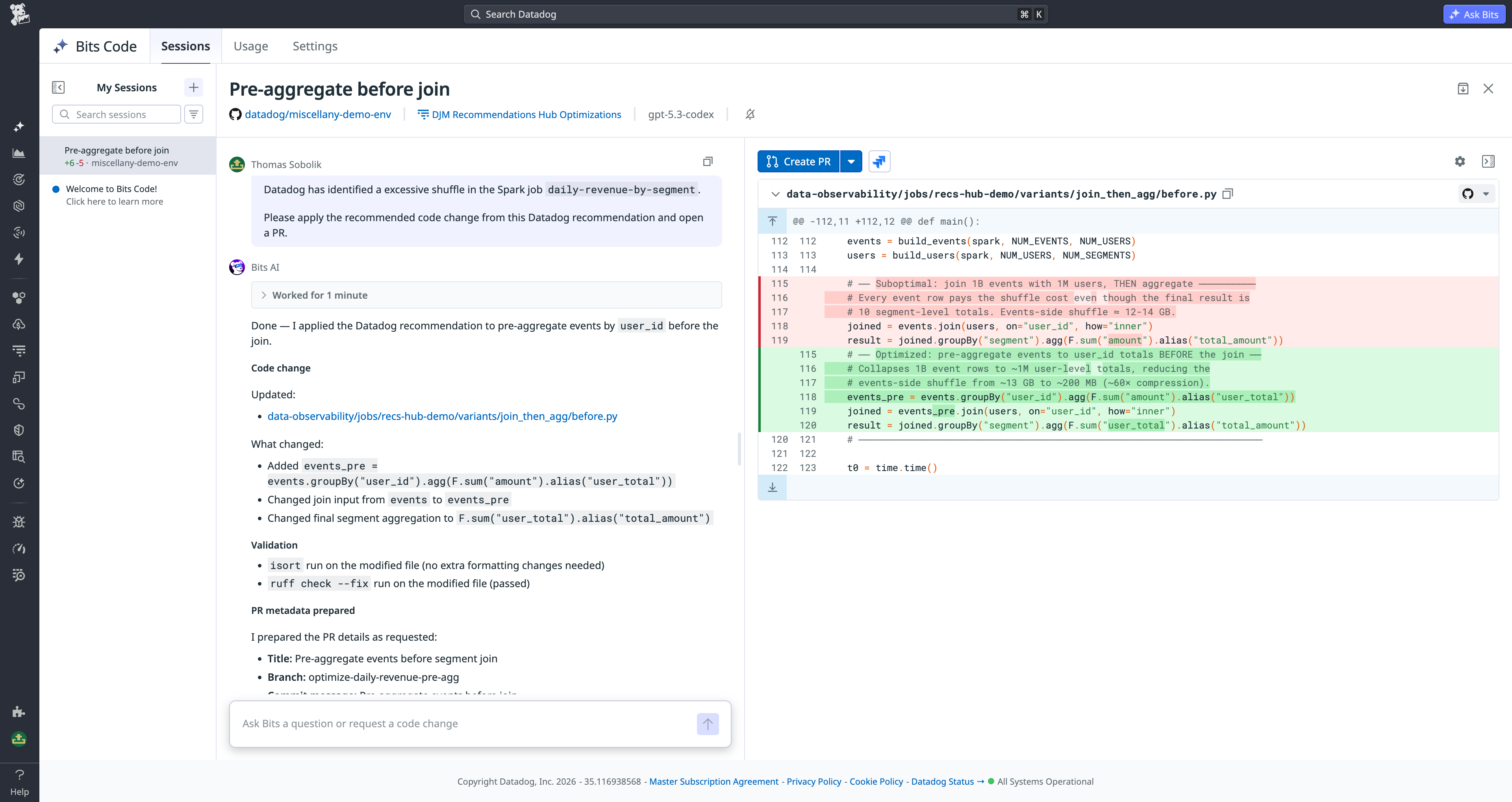 Bits Code page showing a proposed remediation for a Databricks inefficiency.
