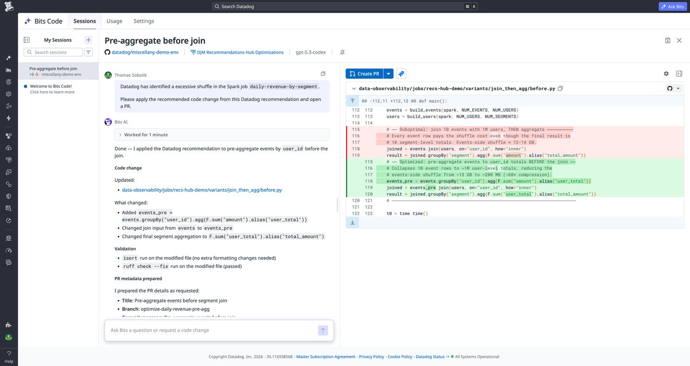 Bits Code page showing a proposed remediation for a Databricks inefficiency. Bits Code page showing a proposed remediation for a Databricks inefficiency.
