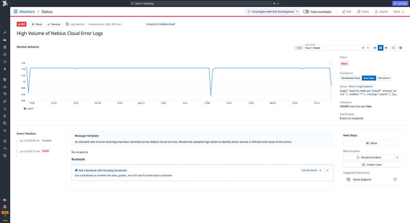 Prebuilt Datadog monitor alerting on a high volume of error logs from Nebius AI Cloud services. Prebuilt Datadog monitor alerting on a high volume of error logs from Nebius AI Cloud services.
