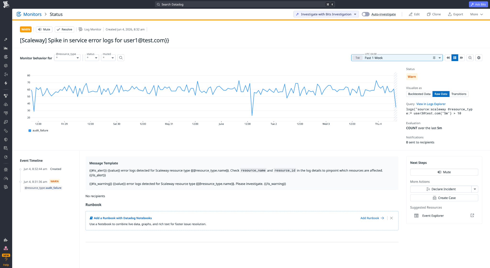 Datadog prebuilt monitor for Scaleway showing service error log spikes in WARN status with the underlying log query and evaluation window.
