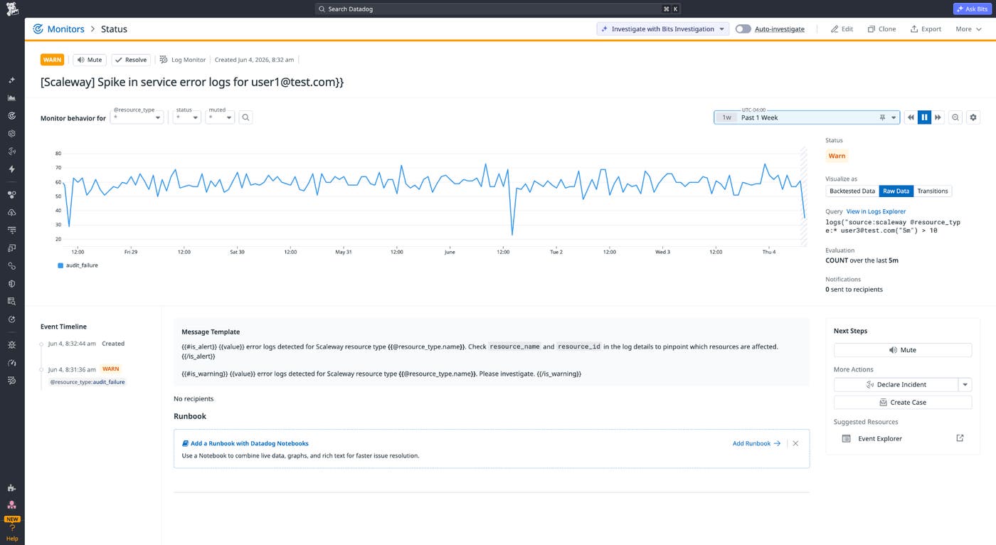 Datadog prebuilt monitor for Scaleway showing service error log spikes in WARN status with the underlying log query and evaluation window. Datadog prebuilt monitor for Scaleway showing service error log spikes in WARN status with the underlying log query and evaluation window.