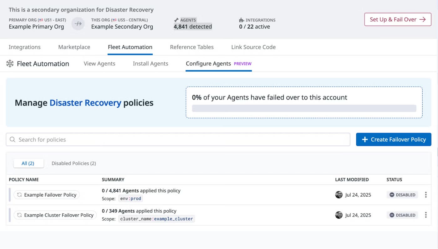 Fleet Automation’s Configure Agents tab showing two disabled Disaster Recovery failover policies in a secondary Datadog organization. Fleet Automation’s Configure Agents tab showing two disabled Disaster Recovery failover policies in a secondary Datadog organization.
