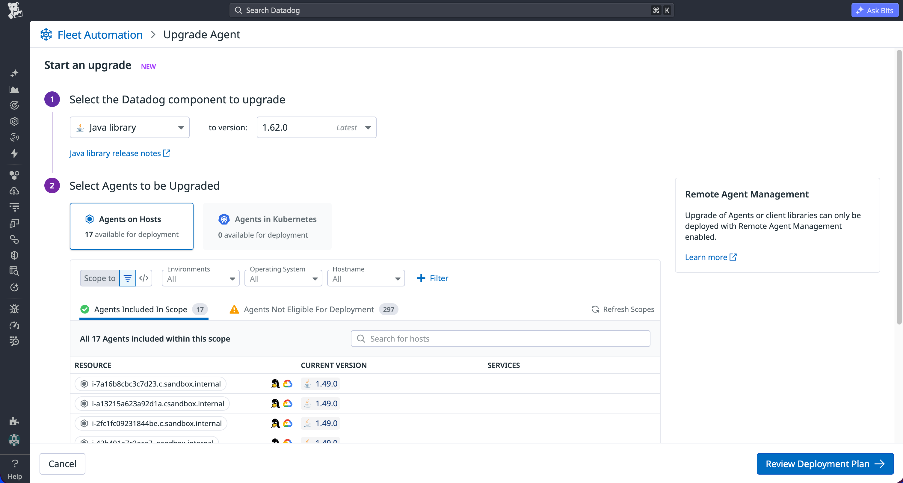 Datadog Fleet Automation showing the Upgrade Agent workflow, with Java library selected and 17 host agents scoped for deployment.