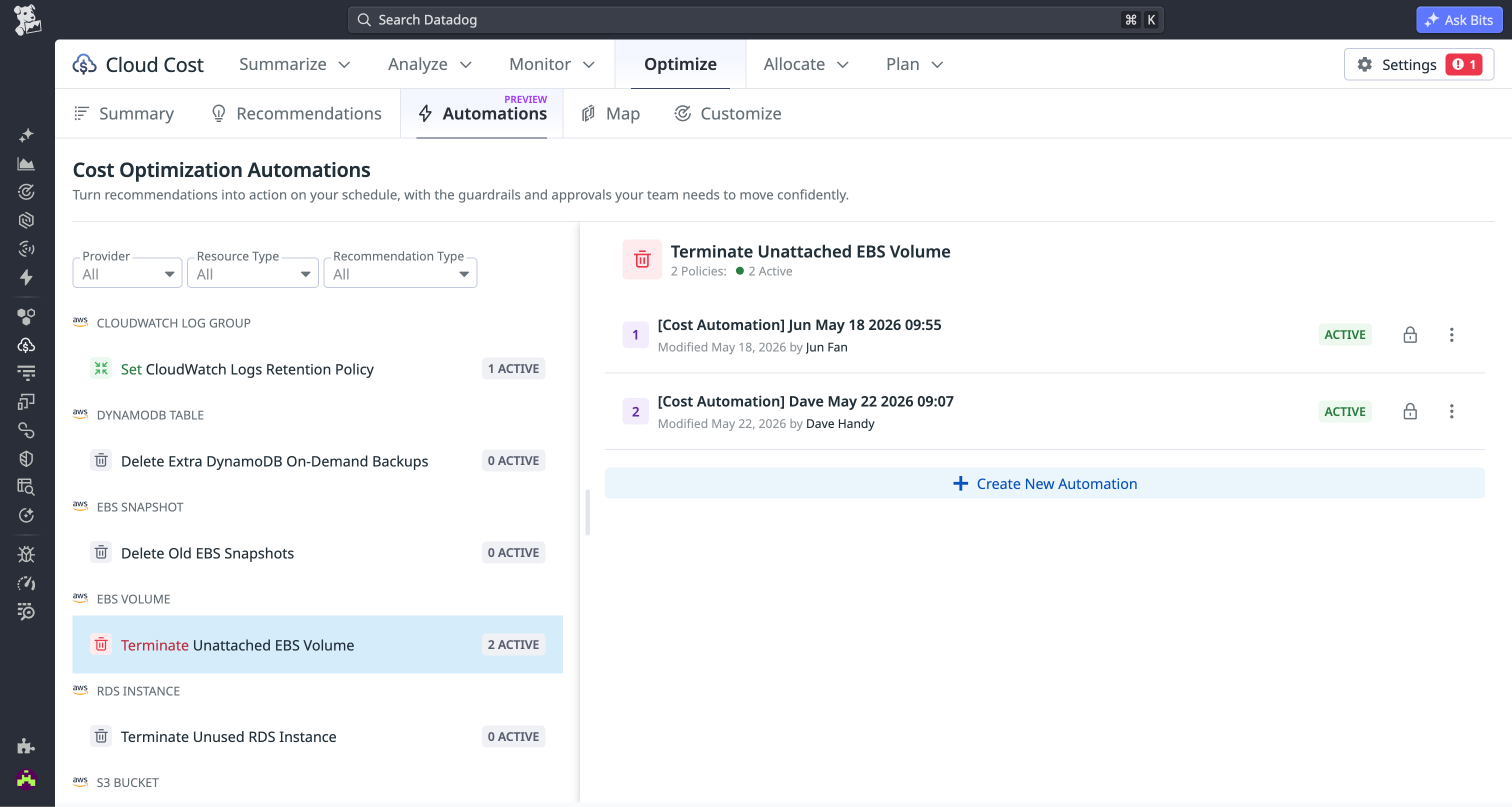 A view showing an automatically executed recommendation by Cloud Cost Management to reduce costs based on specific tags and scopes.