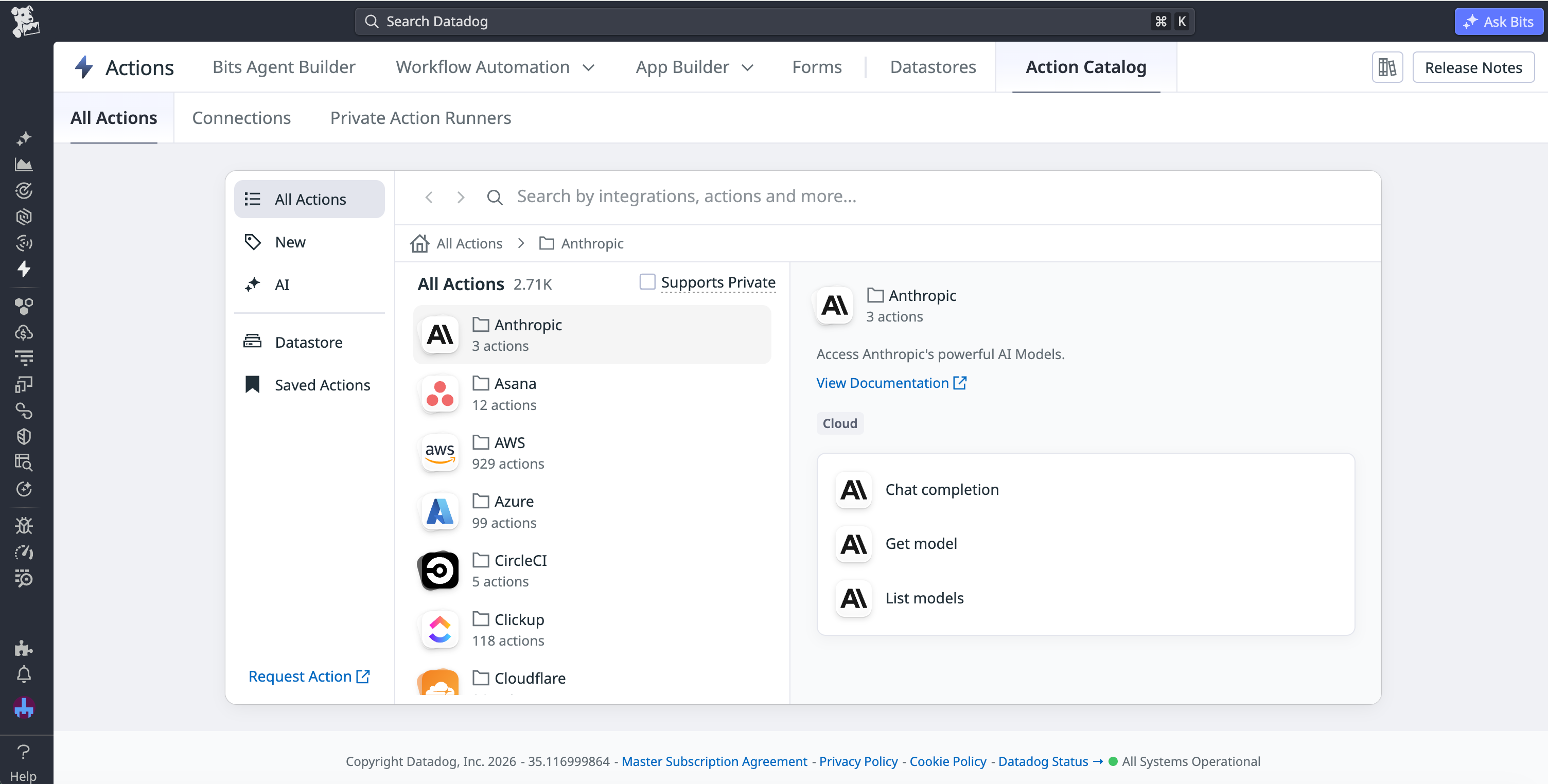 A list of available integrations and reusable secure connections within the Datadog Actions platform, including those for cloud providers, SaaS tools, and API keys.
