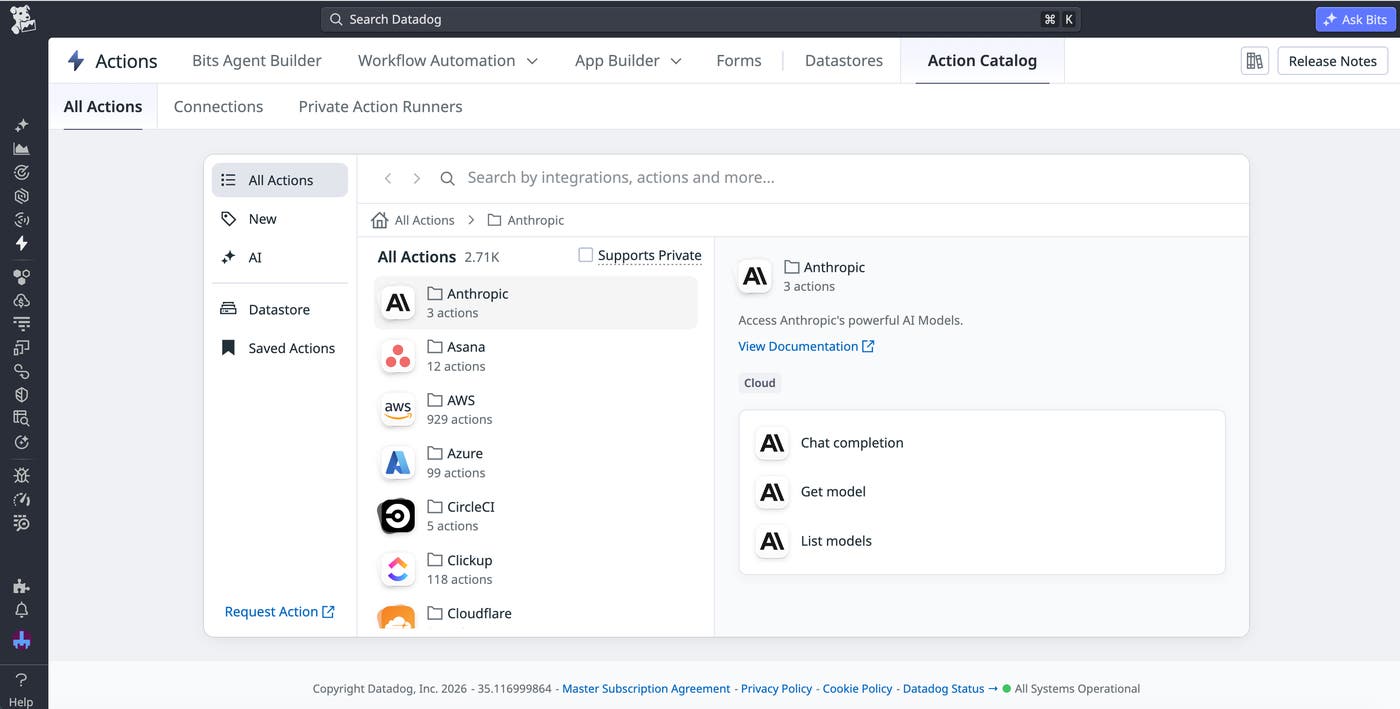 A list of available integrations and reusable secure connections within the Datadog Actions platform, including those for cloud providers, SaaS tools, and API keys. A list of available integrations and reusable secure connections within the Datadog Actions platform, including those for cloud providers, SaaS tools, and API keys.