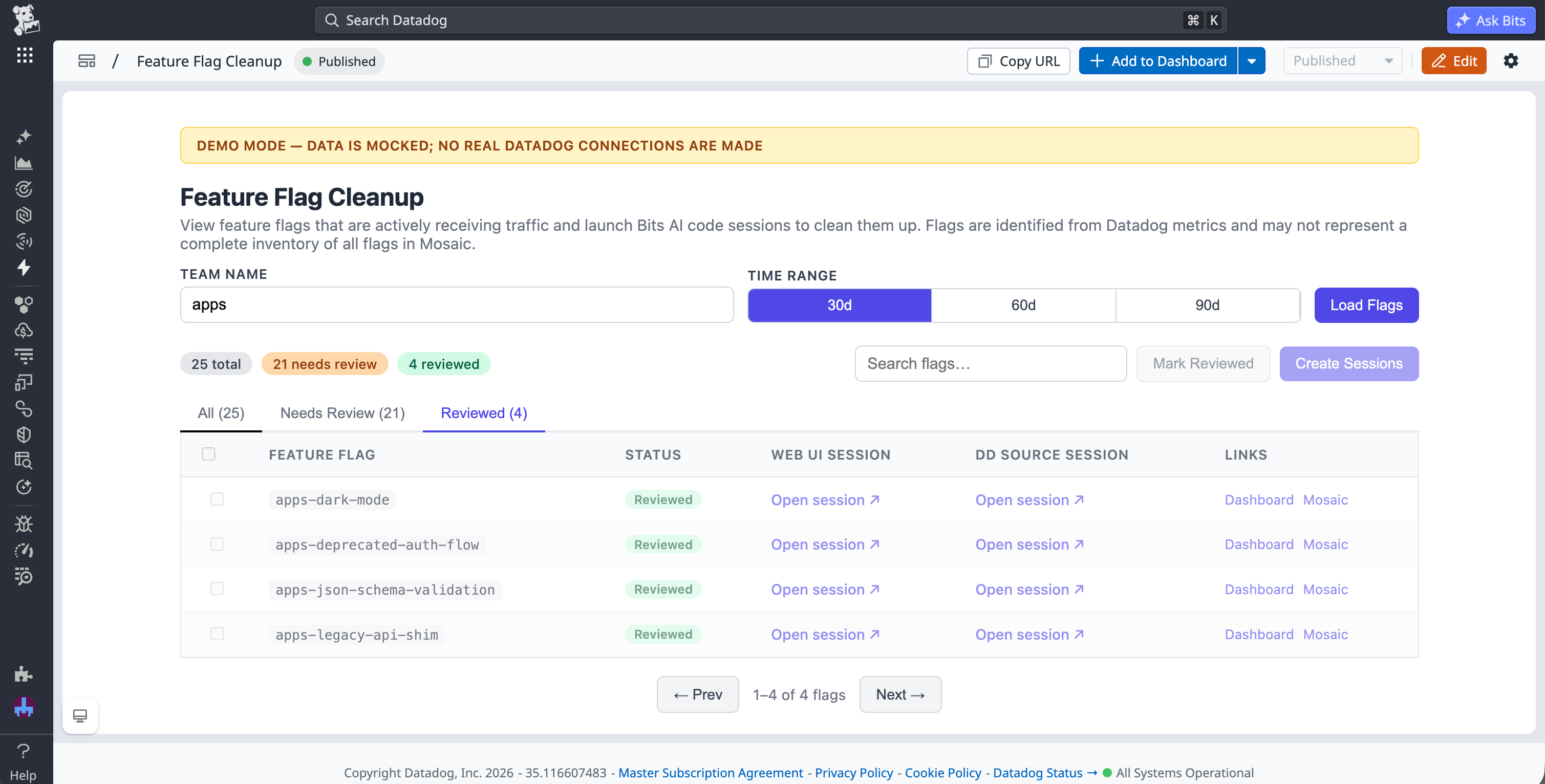 A Datadog App application embedded inside a dashboard. The app includes a searchable table that helps teams identify feature flags that need to be cleaned up.