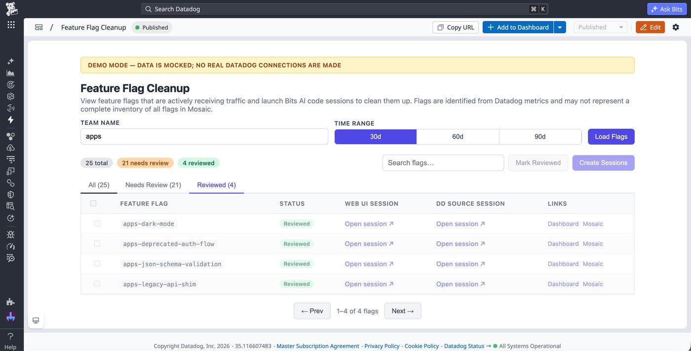 A Datadog App application embedded inside a dashboard. The app includes a searchable table that helps teams identify feature flags that need to be cleaned up. A Datadog App application embedded inside a dashboard. The app includes a searchable table that helps teams identify feature flags that need to be cleaned up.