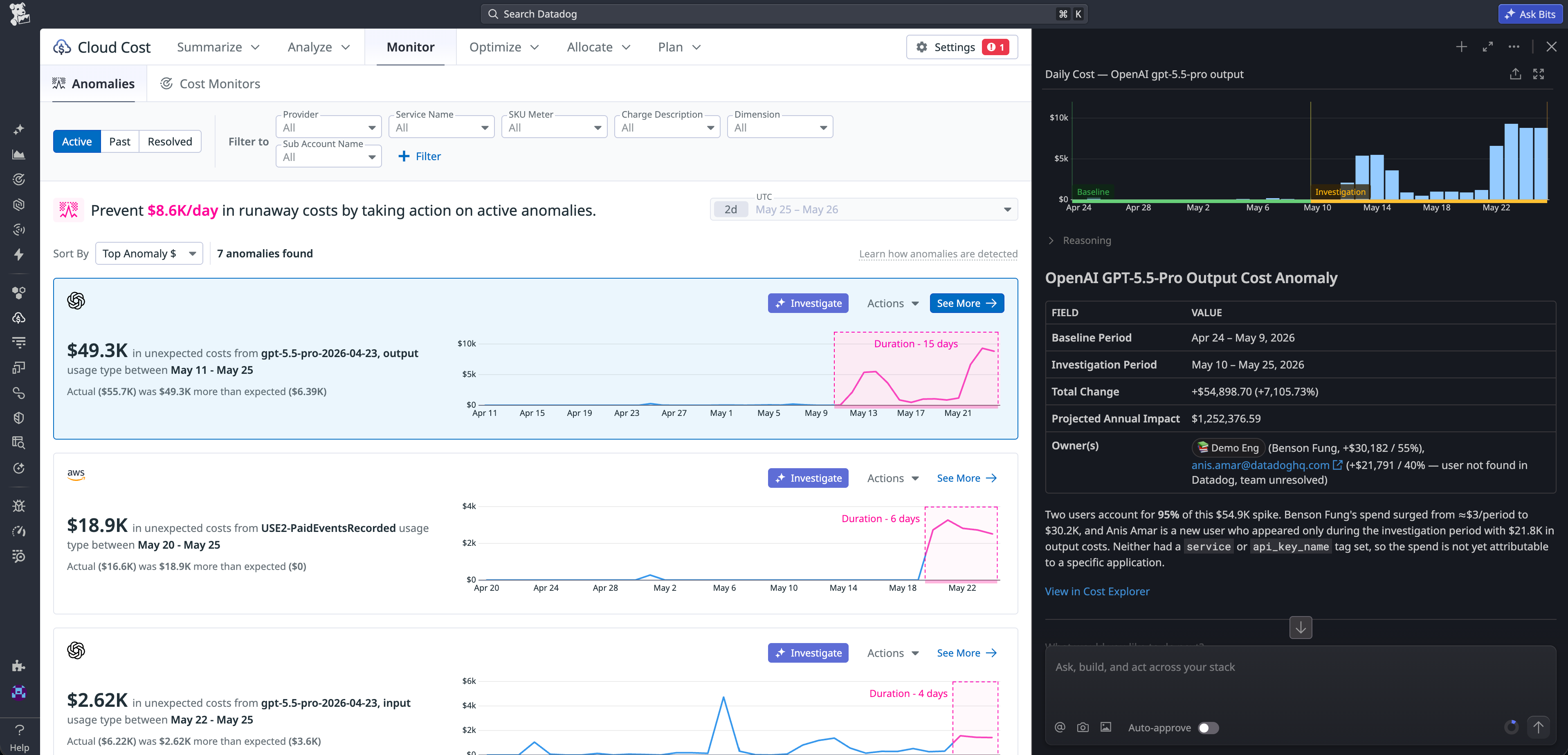 A viewing showing a conversation with Bits Chat using Cloud Cost Management data to optimize cloud costs.