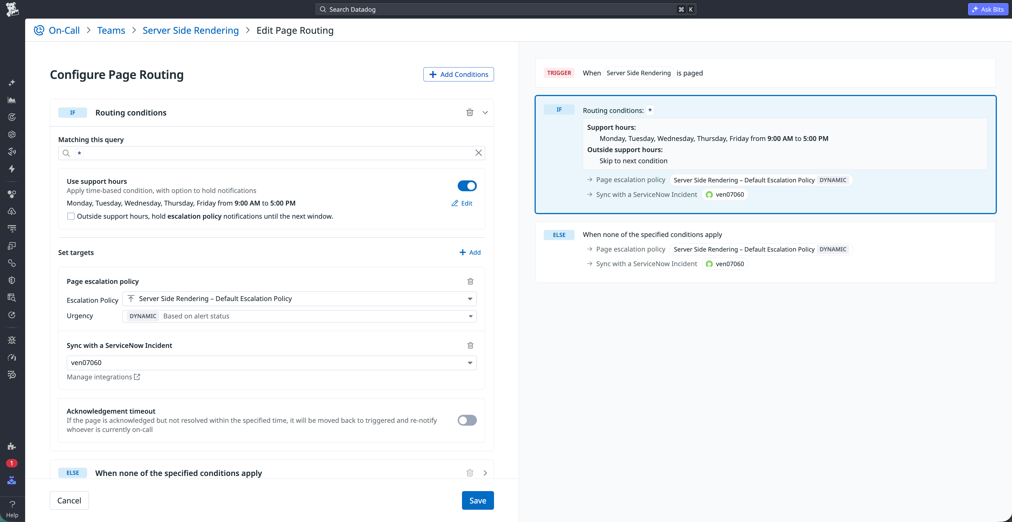 On-Call routing rules configured to sync with ServiceNow incidents.
