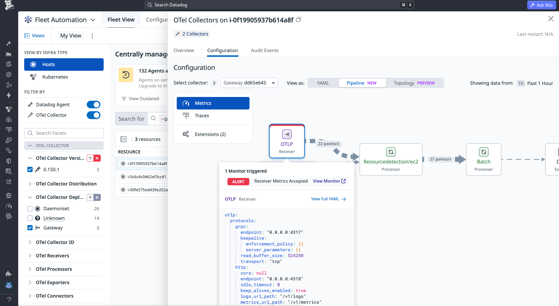 Pipeline View overlays a triggered monitor alert and configuration YAML on a single OTel Collector to start remediation in one place.