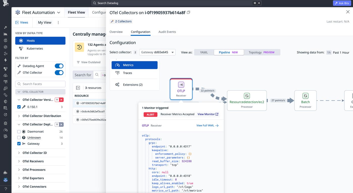 Pipeline View overlays a triggered monitor alert and configuration YAML on a single OTel Collector to start remediation in one place. Pipeline View overlays a triggered monitor alert and configuration YAML on a single OTel Collector to start remediation in one place.