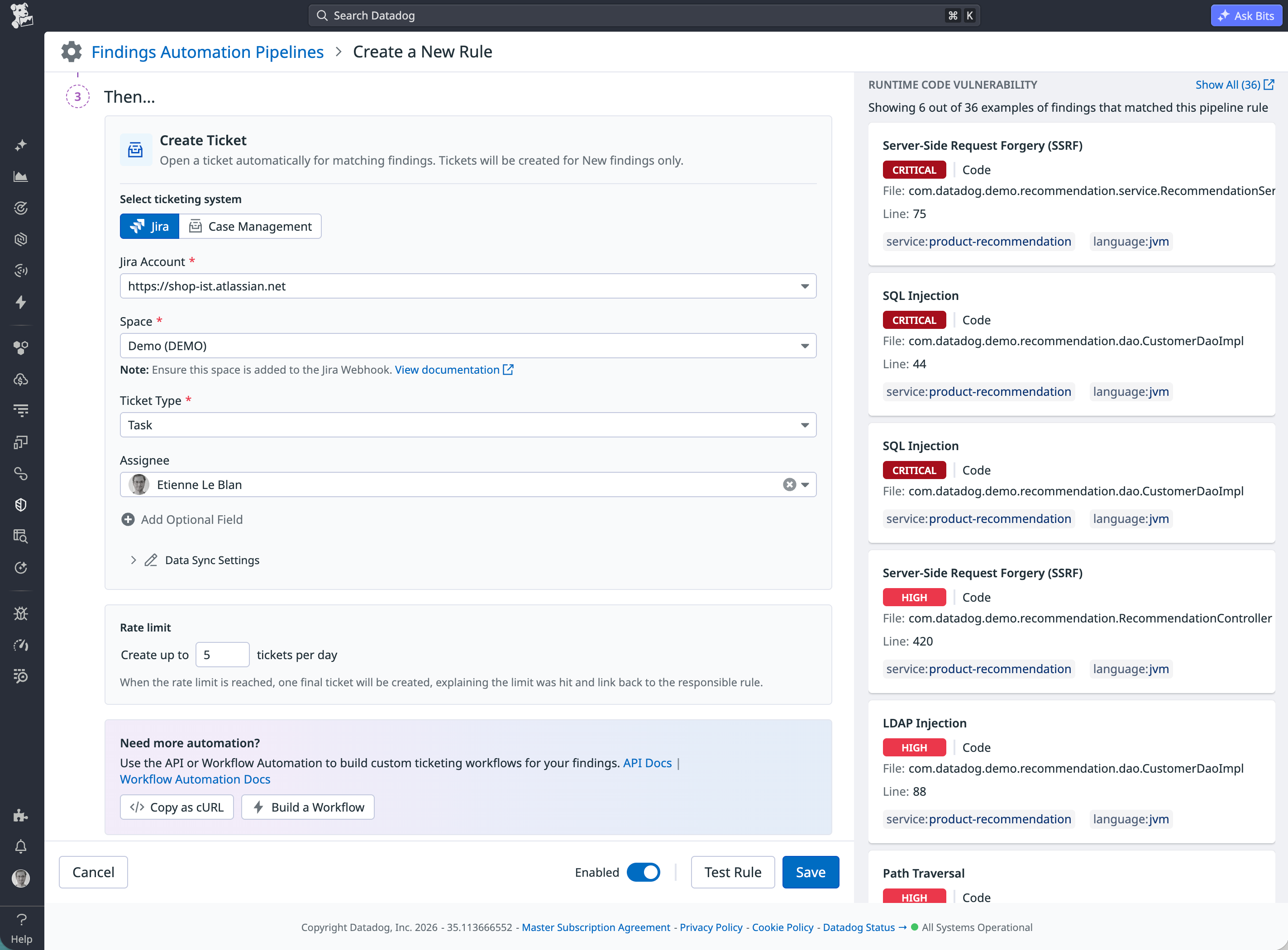 Automation rules for creating a ticket when a security finding matches specific criteria.