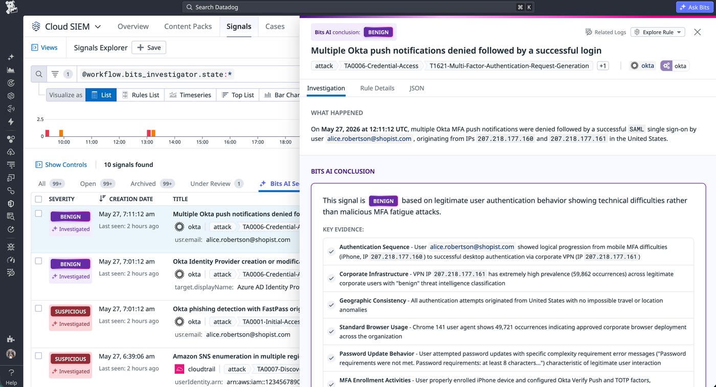 Bits Security Analyst signal in Cloud SIEM marking an Okta MFA fatigue signal as benign. Bits Security Analyst signal in Cloud SIEM marking an Okta MFA fatigue signal as benign.