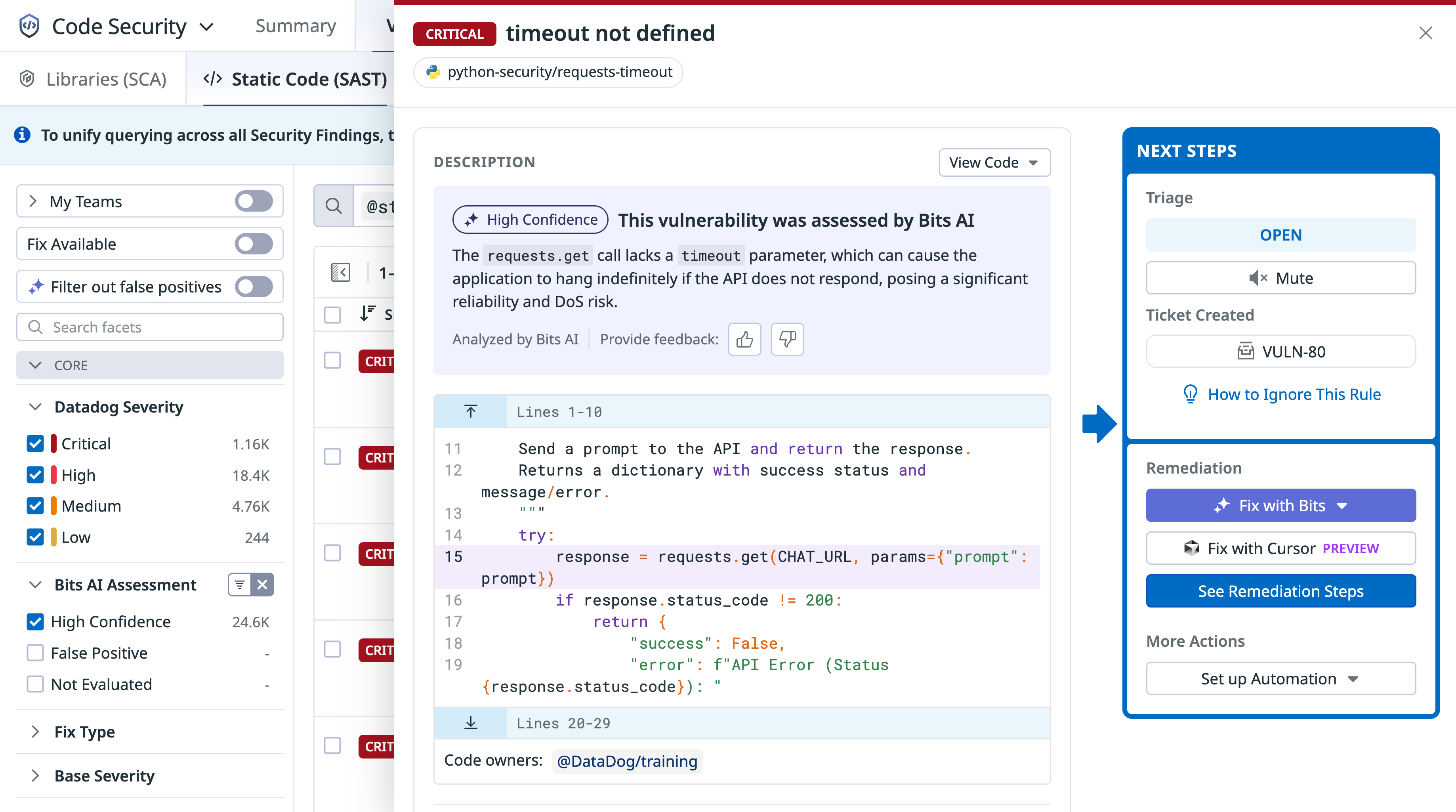 Vulnerability finding in Datadog Code Security with AI-generated high confidence assessment, including explanation.
