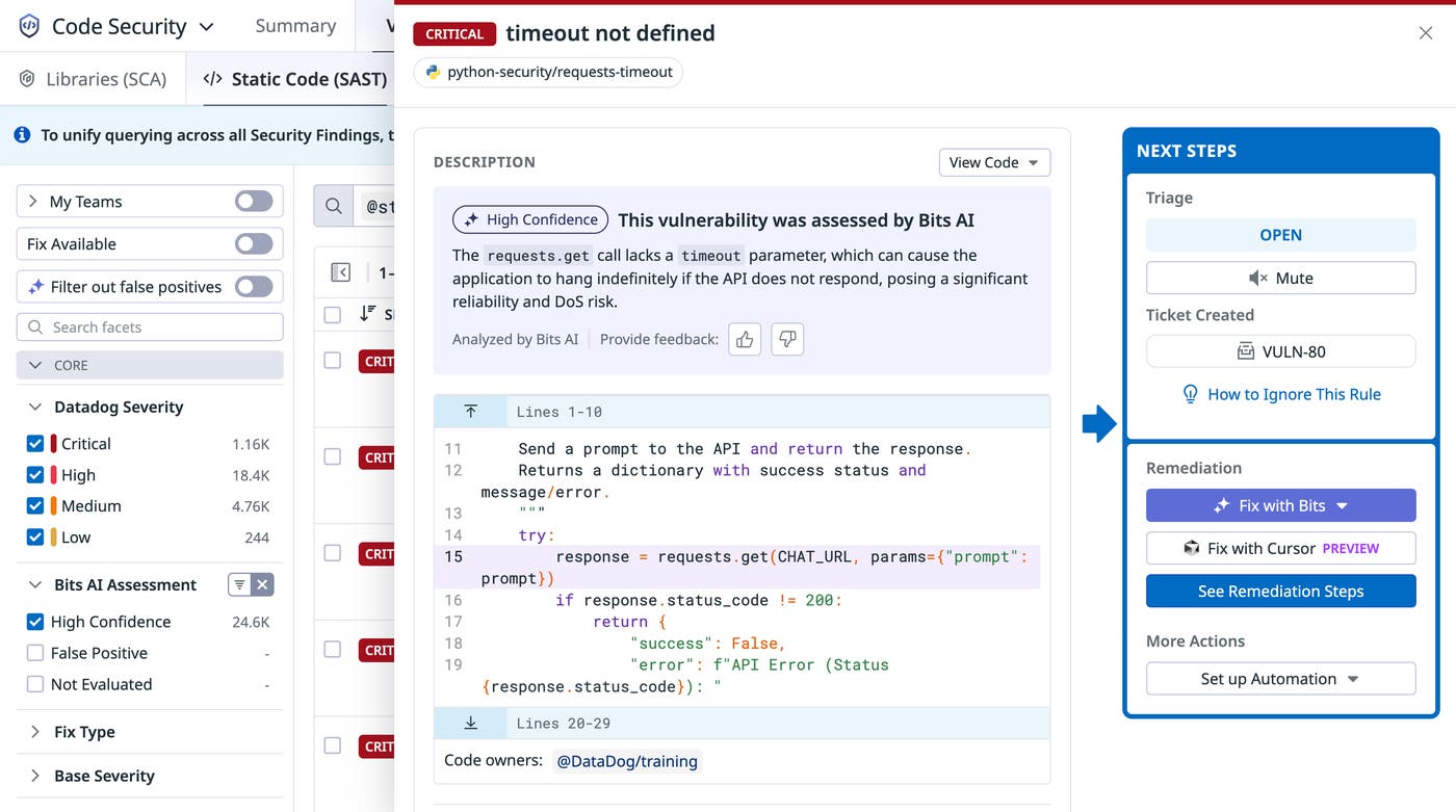 Vulnerability finding in Datadog Code Security with AI-generated high confidence assessment, including explanation. Vulnerability finding in Datadog Code Security with AI-generated high confidence assessment, including explanation.