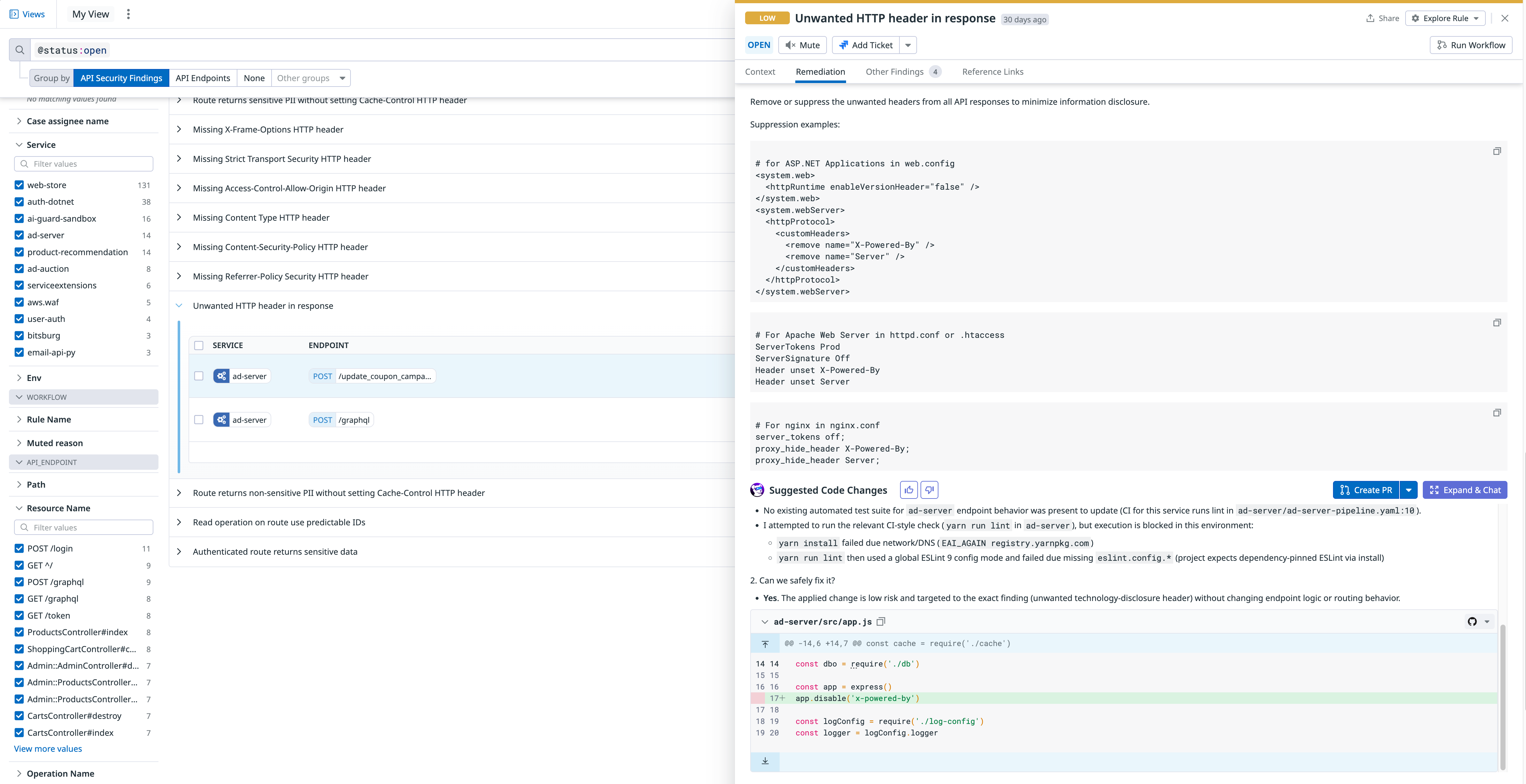 API security finding in Datadog App & API Protection, showing suggested code changes from Bits Code.