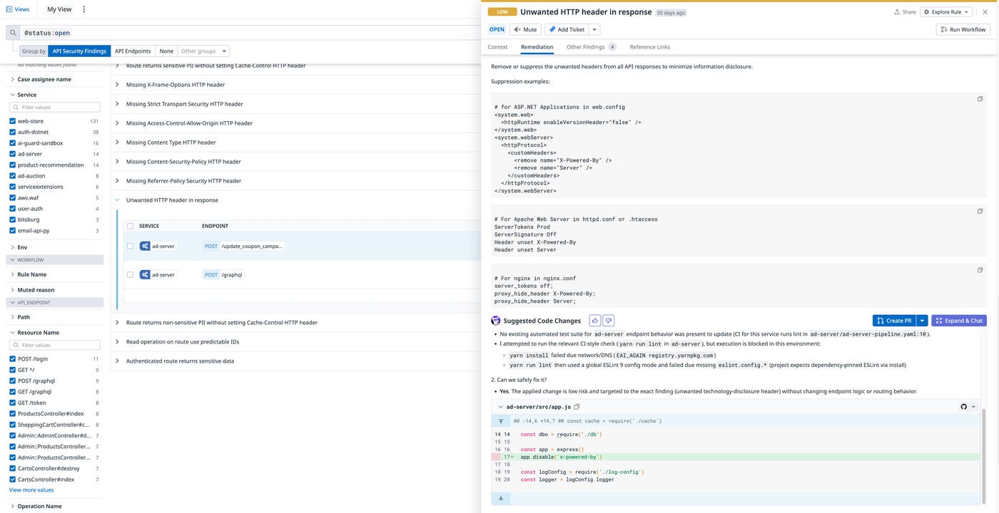 API security finding in Datadog App & API Protection, showing suggested code changes from Bits Code. API security finding in Datadog App & API Protection, showing suggested code changes from Bits Code.