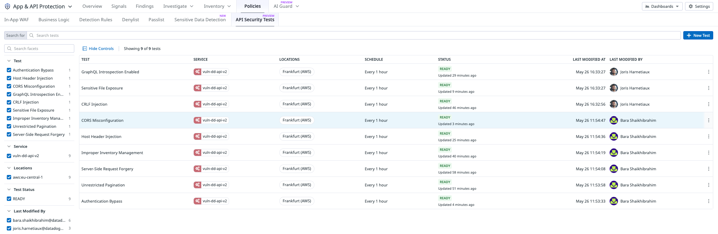 List of API security tests in Datadog App & API Security.