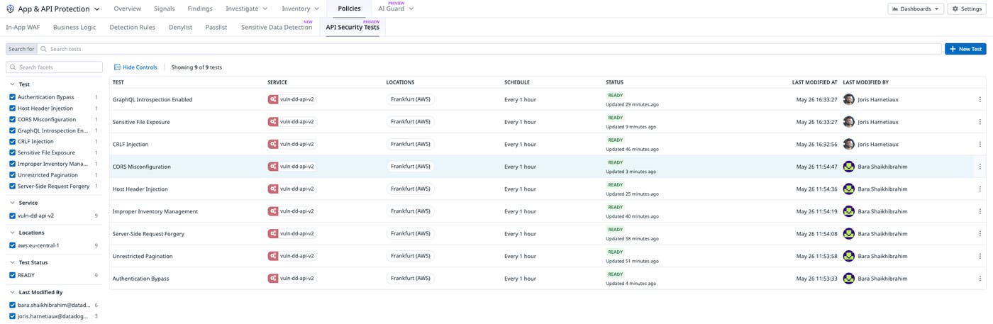 List of API security tests in Datadog App & API Security. List of API security tests in Datadog App & API Security.