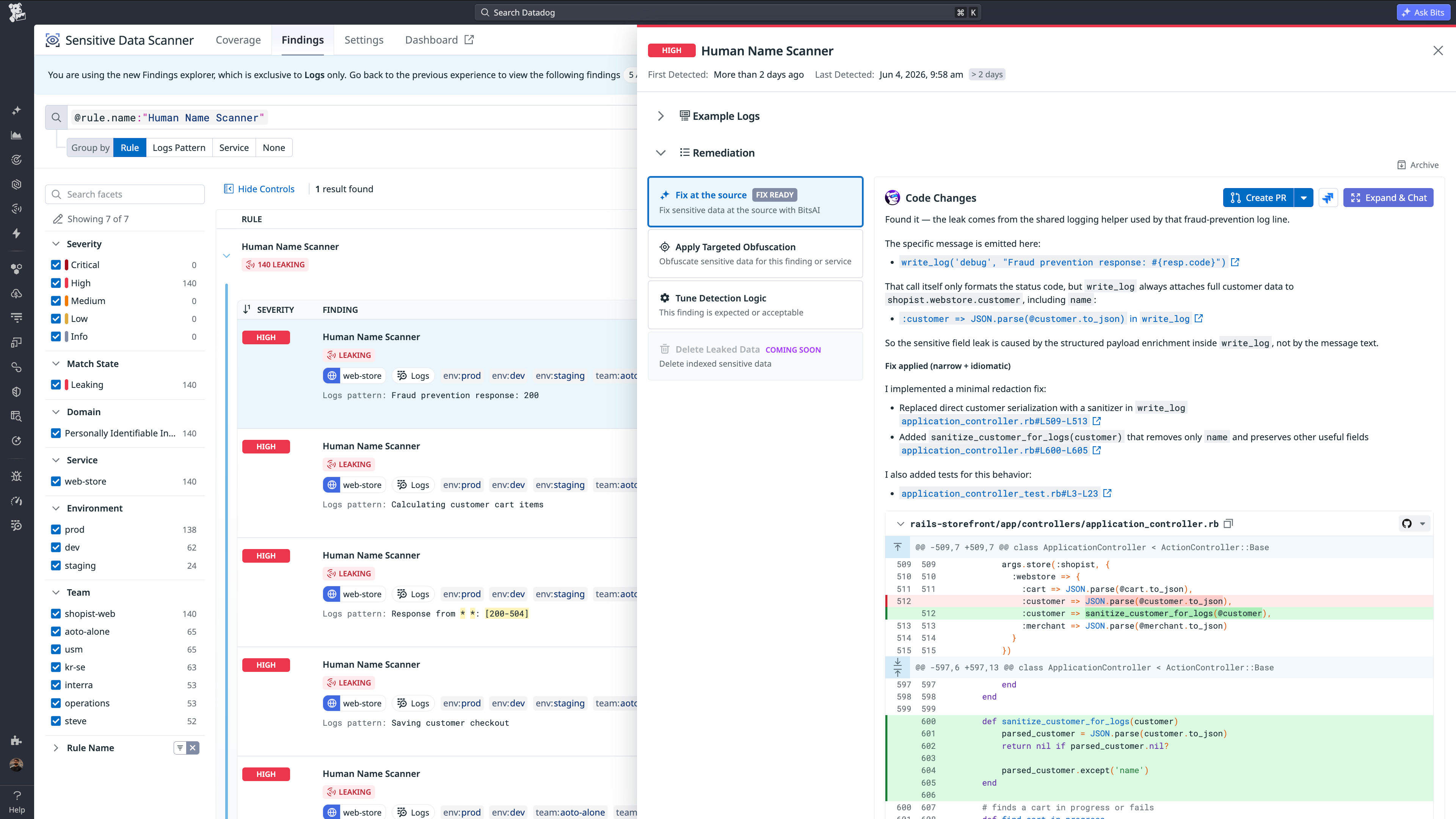 Sensitive data leak finding in Datadog Sensitive Data Scanner, with suggested code changes for remediation from Bits Code.